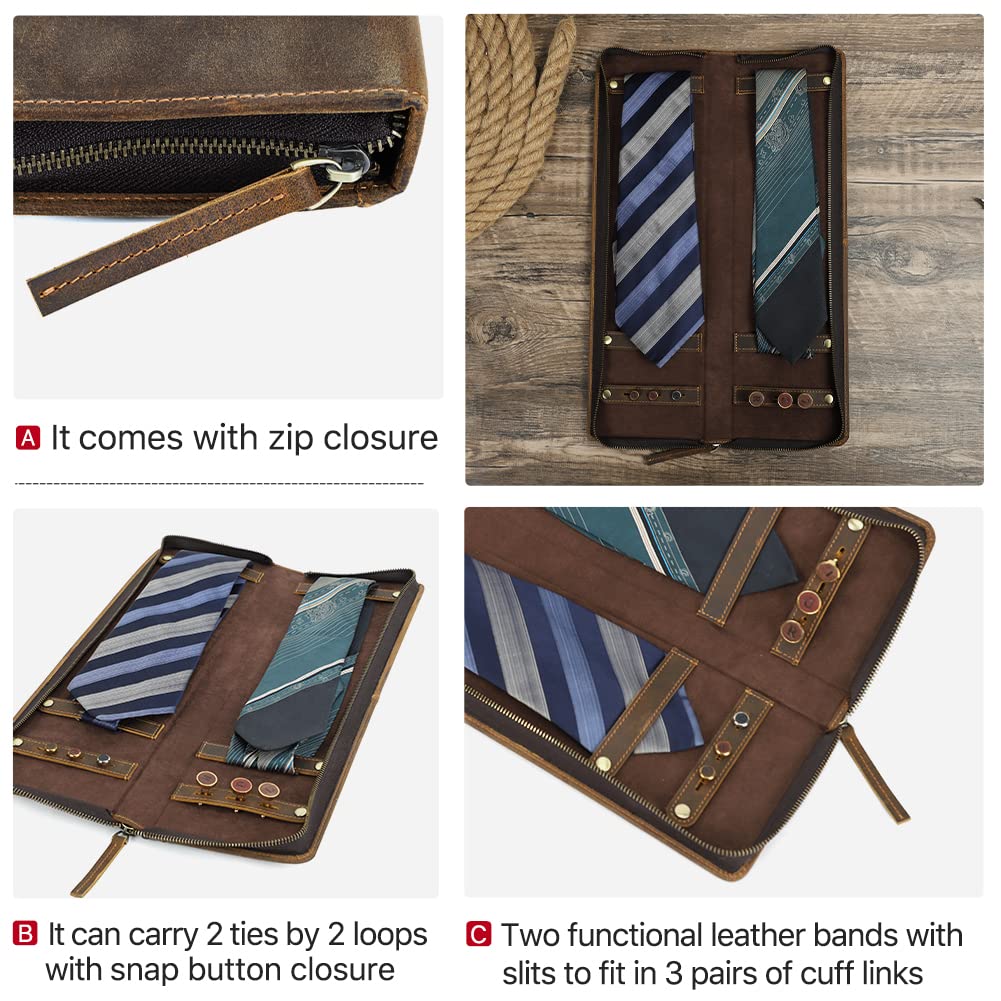 Hiram Scatola porta cravatte in vera pelle, organizer portatile per cravatte per viaggiatori d'affari, 4003-caffè, For 2 Ties, Custodia per cravatte