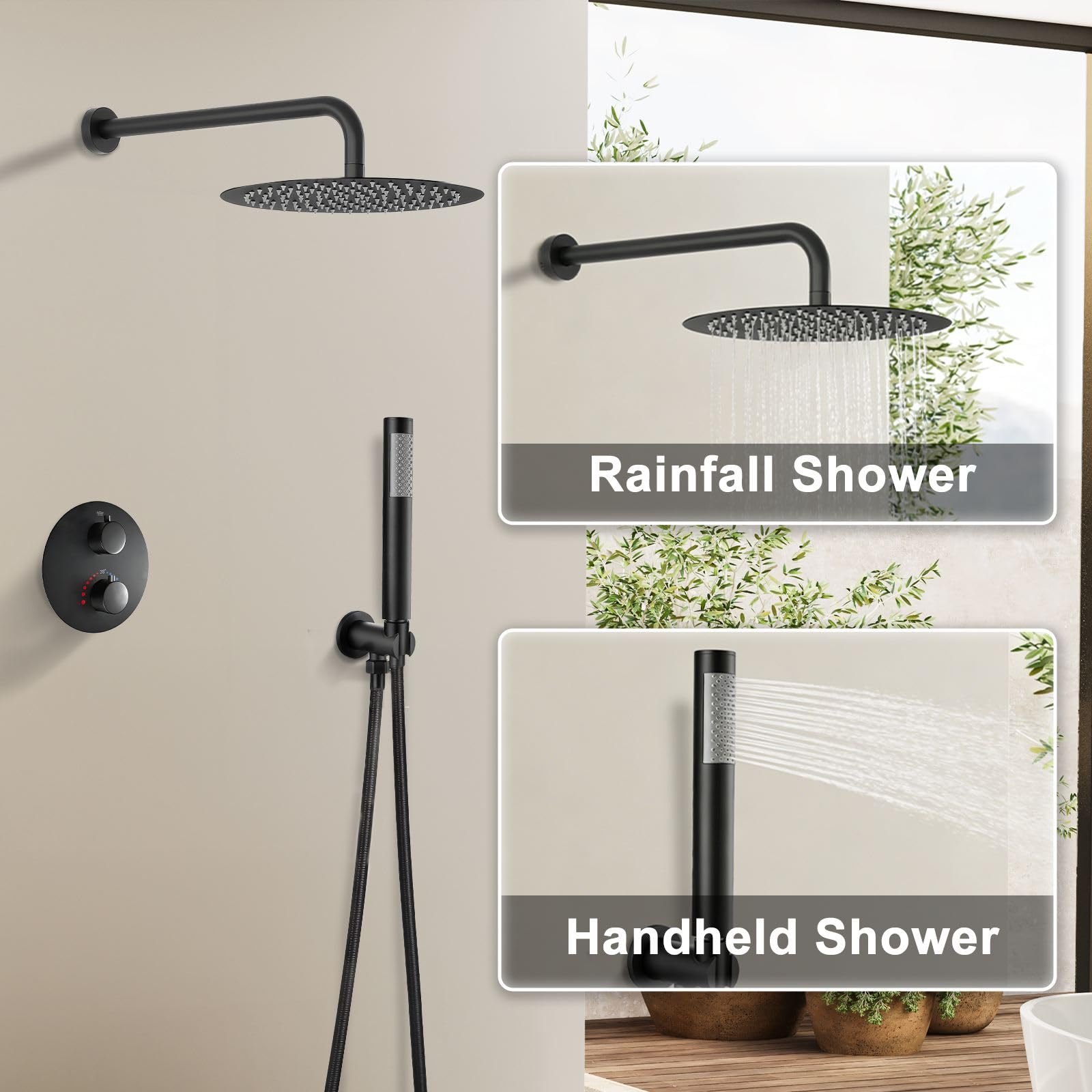 SaniteModar Unterputz Duscharmatur Set mit Thermostat, Schwarz | Rund. 25cm Regendusche, 1,5m Schlauch; leichtreinig. Silikon-Düsen; verstecktes Design; keine Wandbeschädigung bei Rep