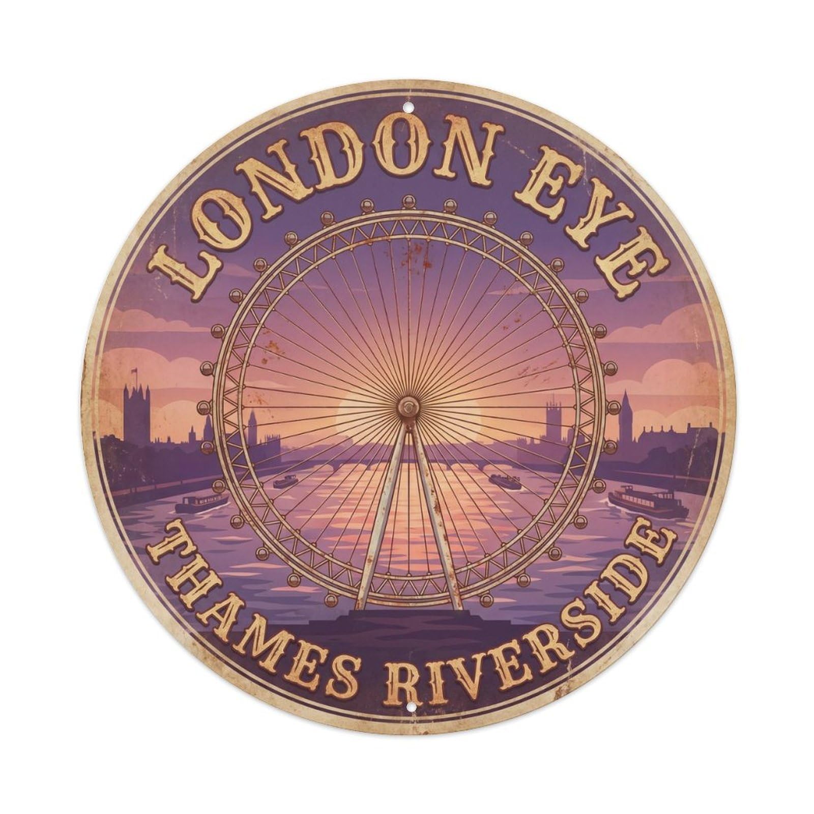 Vintage Travel London Eye Skyline Metal Tin Sign Plaque