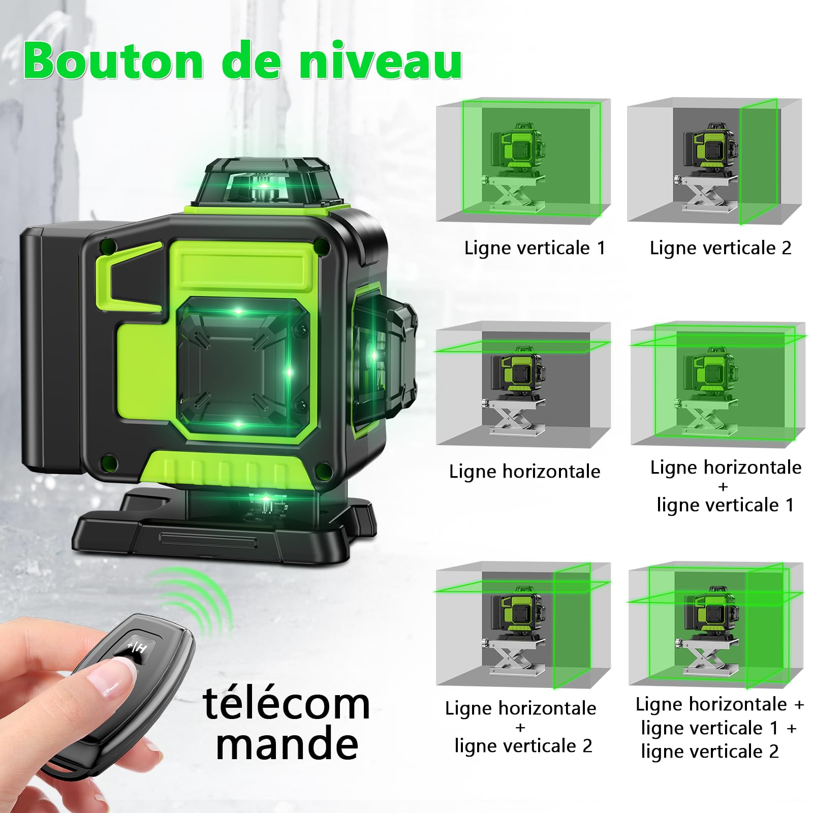 Niveau Laser Chantier Autonivelant 360° x 4, Lazer Niveaux 4D 16 Lignes Laser, Autonivellement et Mode Pulsé Extérieur, 2 x Batterie, Nivellement Automatique, Support Rotatif, Télécommande