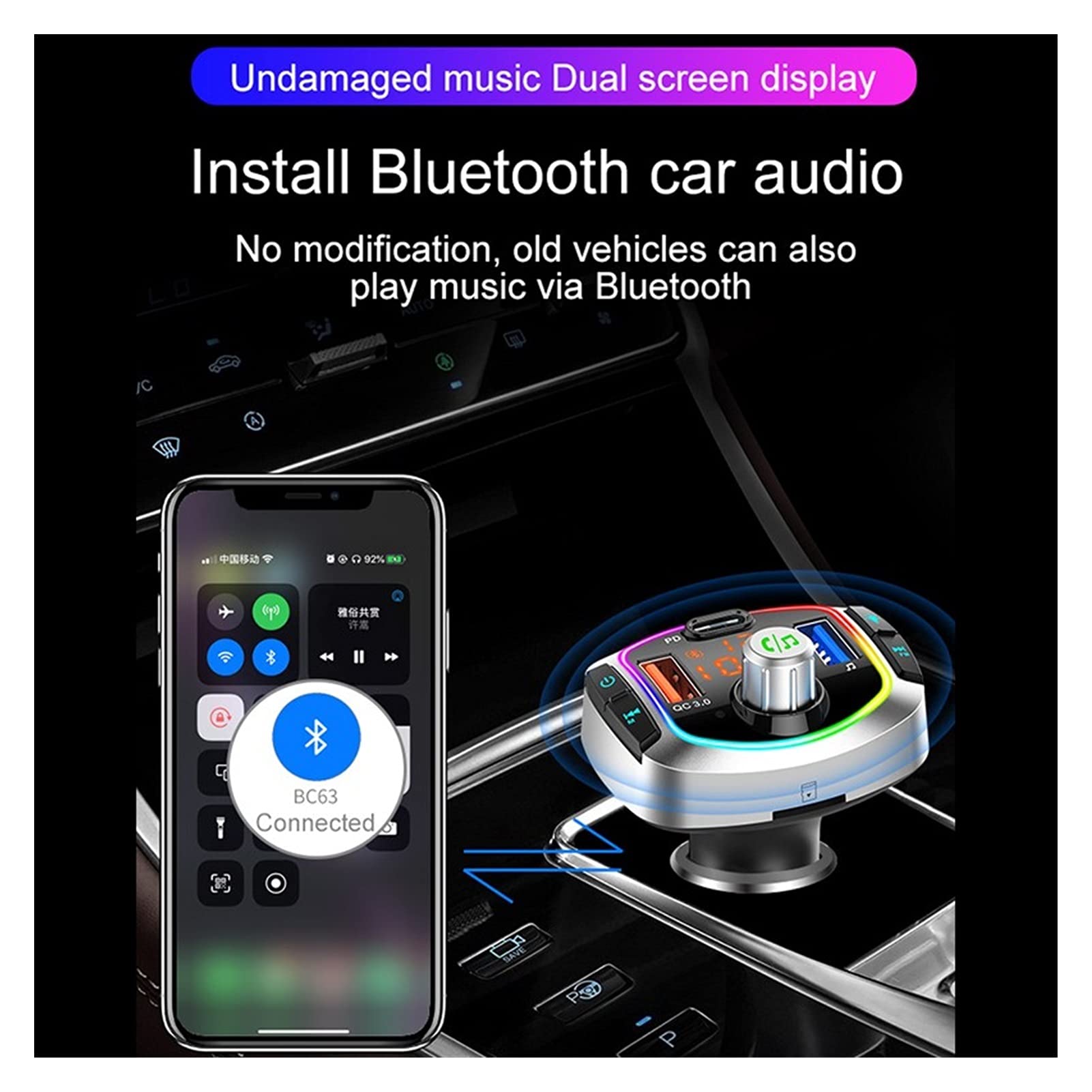 Adattatore Audio Bluetooth. Bluetooth 5.0 Kit for Auto Vivavoce Wireless FM. Trasmettitore Auto MP3. Giocatore con PD18W QC3.0. Caricabatterie for Auto a Carica Rapida