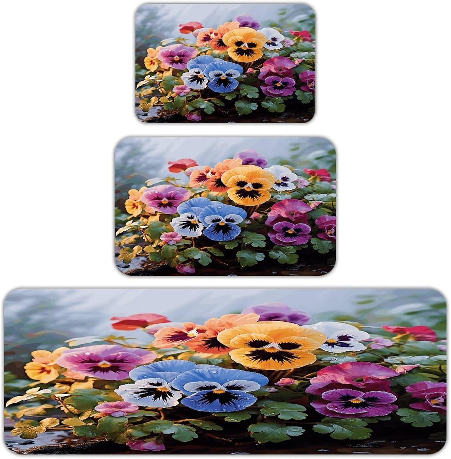 Pansy Flowers Kitchen Rugs Sets of 3 Non Slip Kitchen Mat for Floor Comfort Standing Rug and Mats Thick Cushioned Long Area Carpets for Laundry Room Entryway