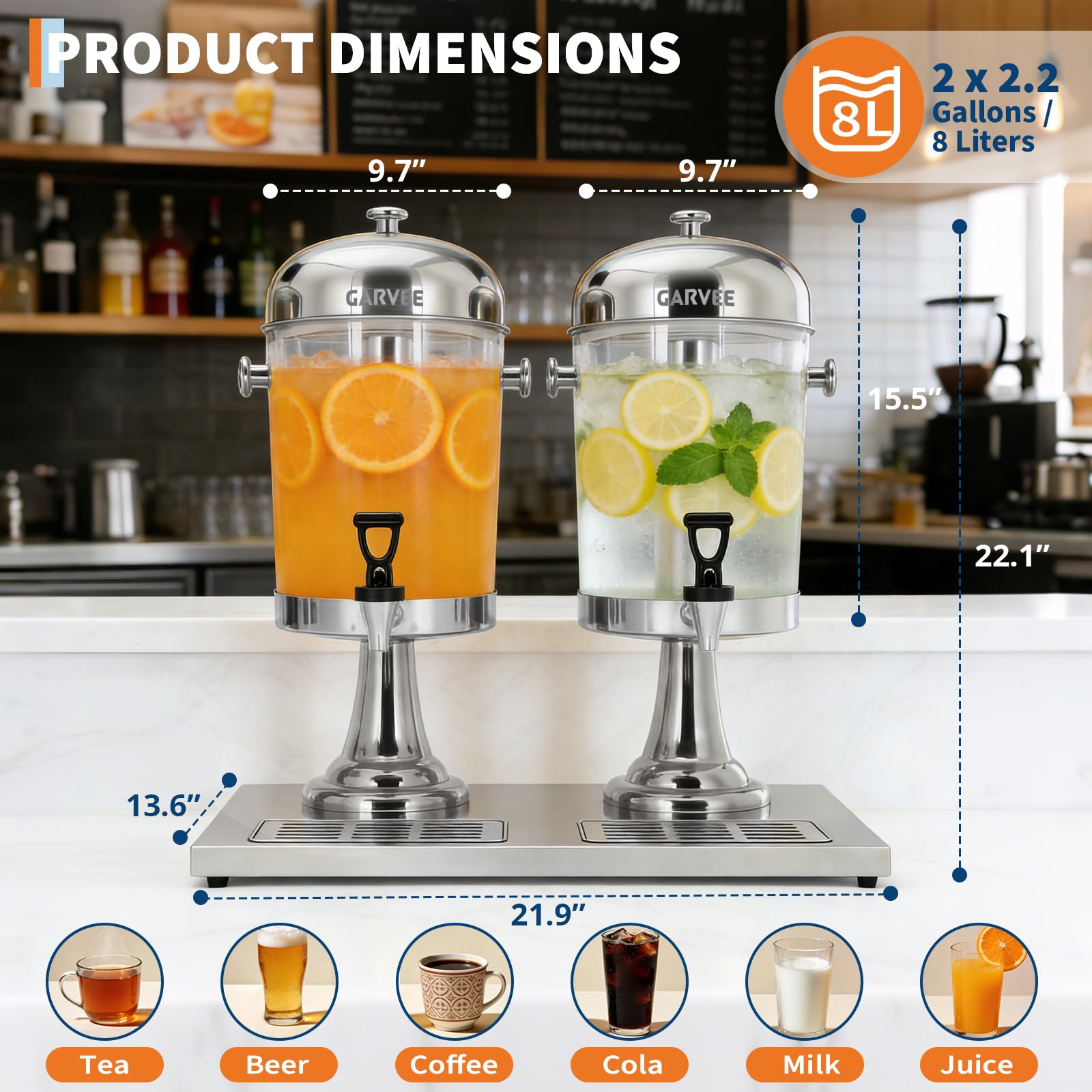 Dispensador de bebidas con núcleo de refrigeración de acero inoxidable, 2 x 8 l, con recipiente transparente de PC y bandeja de goteo, ideal para fiestas, buffet y catering, bebidas calientes y frías