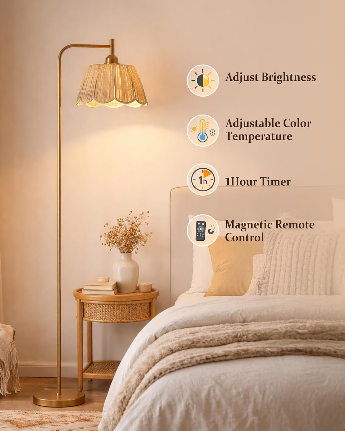 JOOFO Boho Floor Lamp with Remote & Foot Switch, Brushed Gold Standing Lamp with Scalloped Textured Shade, Stepless Dimmable Tall Lamp for Living Room Bedroom Office Reading(Bulb Included)