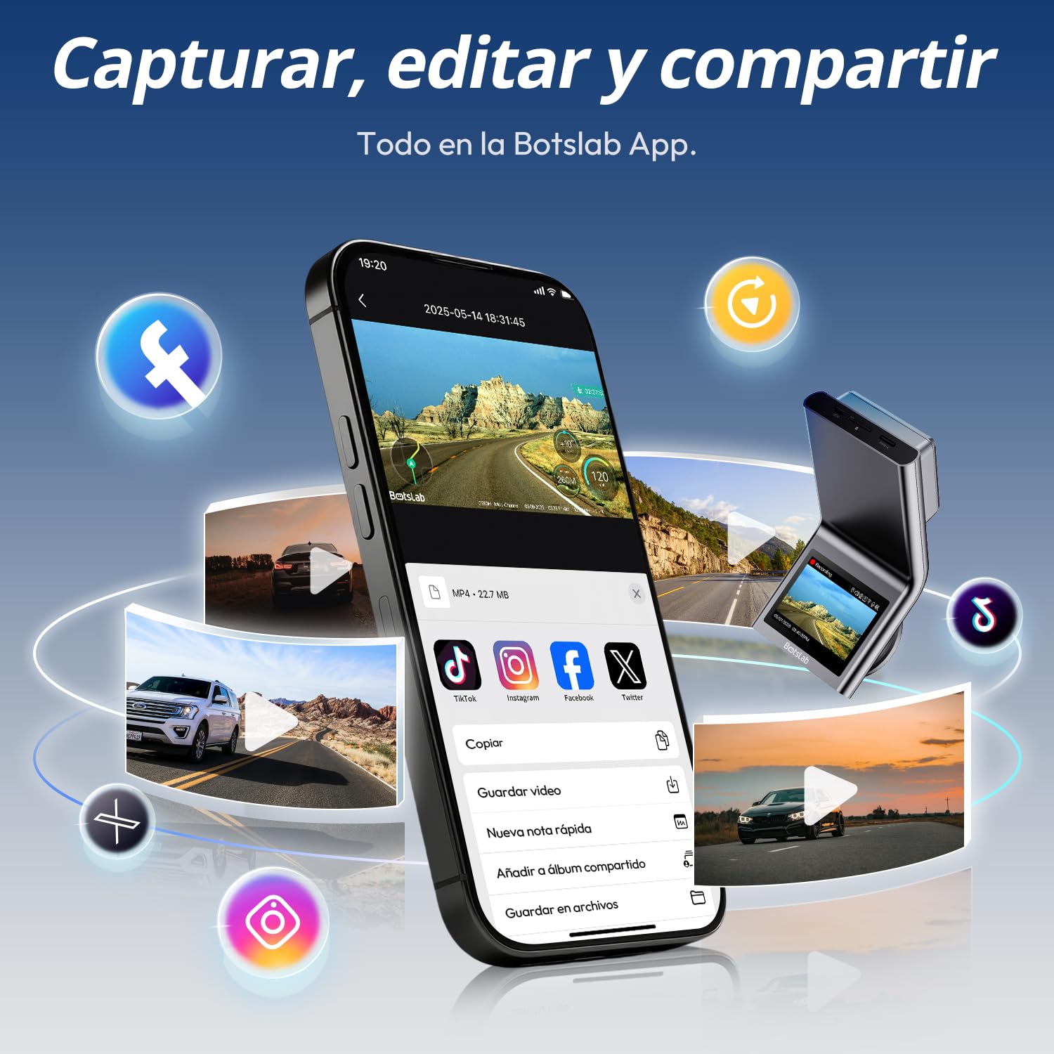 BOTSLAB 4K Cámara Doble para Salpicadero Delantera y Trasera, Sensor STARVIS 2, GPS Integrado, Control por Voz, Cámara WiFi de 5 GHz para Automóviles, Tarjeta de 64 GB Incluida.