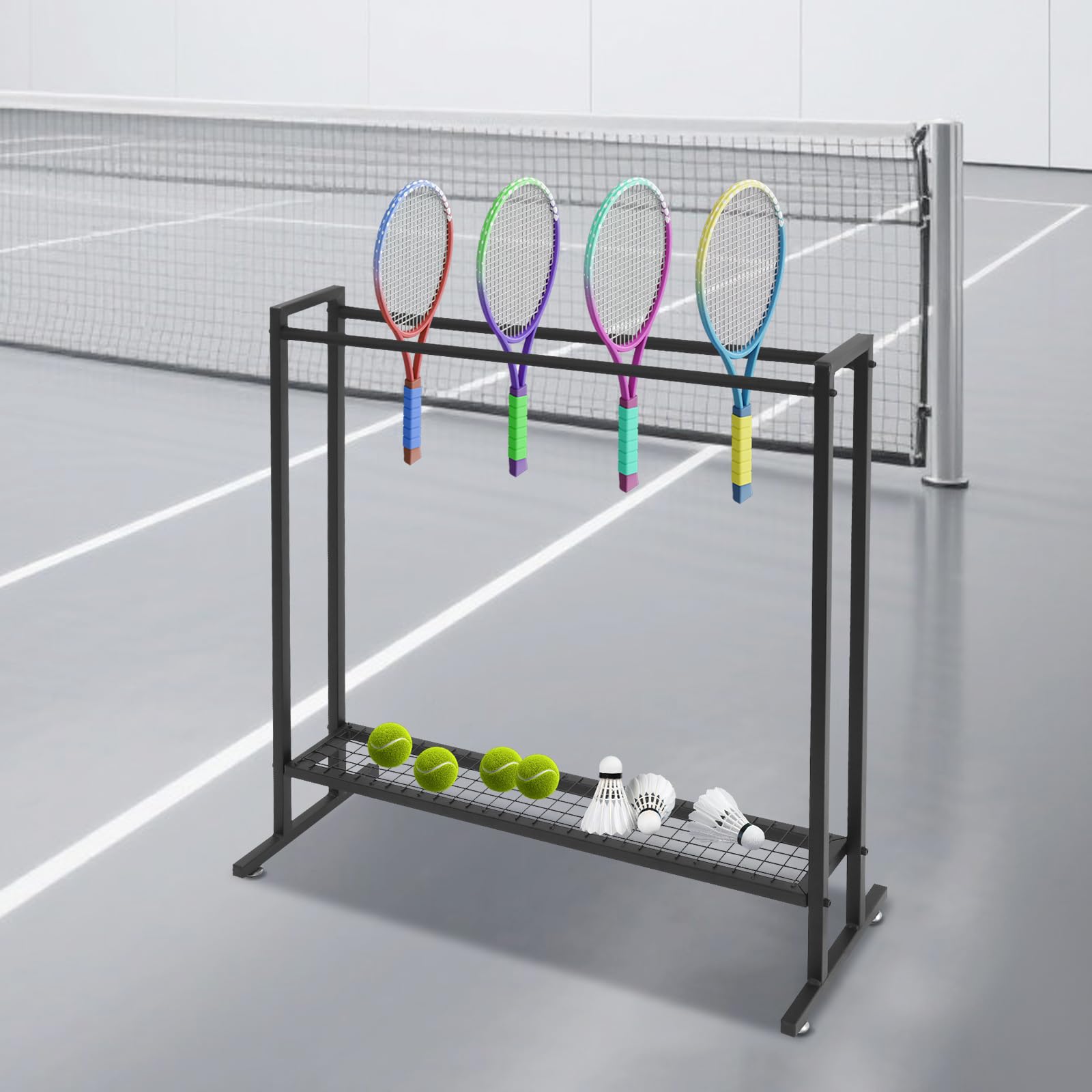 Soporte para raqueta de bádminton de tenis, carrito de acero al carbono, color negro, estante de almacenamiento para campo deportivo, gimnasio, garaje