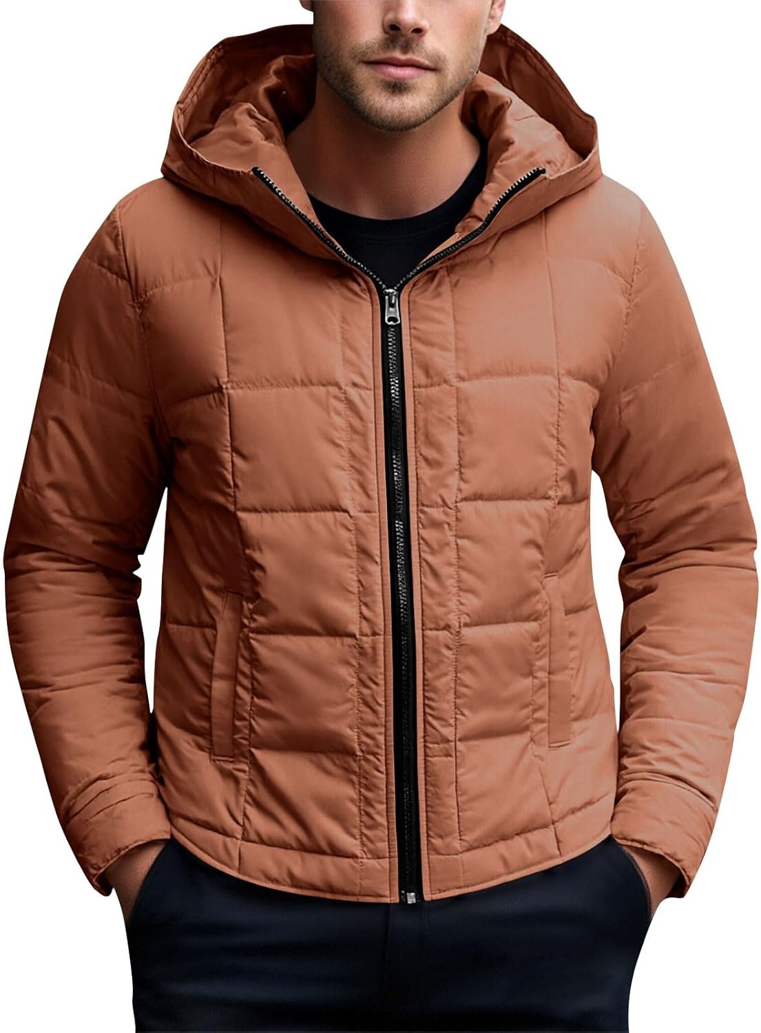 Mens Fashion Puffer Jacket Lightweight Zip Up Long Sleeve Cropped Down Coat Hooded Streetwear Winter Top with Pocket