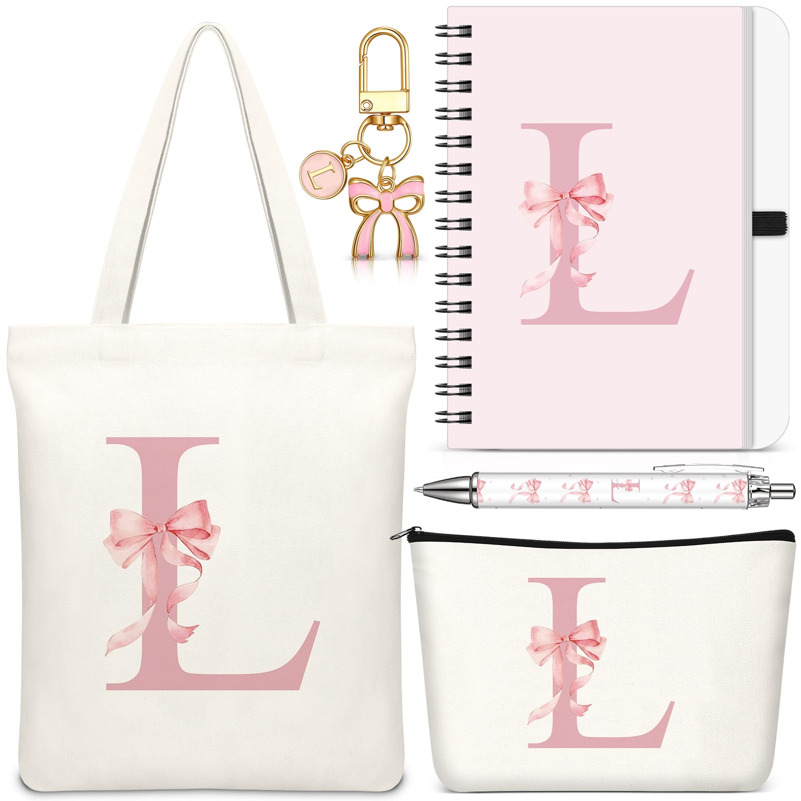 Hestya 5 Pcs Initial Tote Bag Gift Set, Makeup Bag + Shoulder Bags + Keyring + Notebook + Ballpoint Pen, Alphabet Theme Practical Gift for School Birthday Christmas(Beige Pink,Letter L) โ image 1