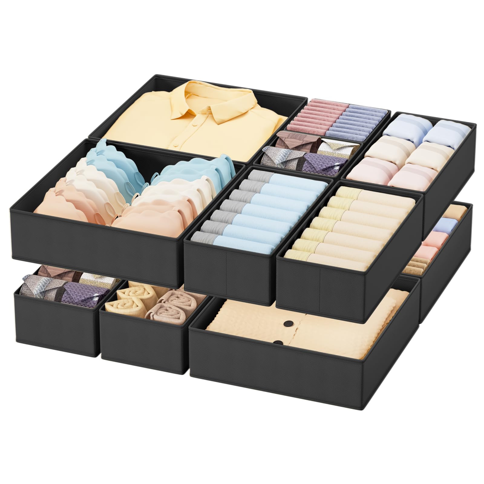 Homsorout Foldable Drawer Organiser Clothes - 10 Pack Underwear Drawer Dividers with Zipper, Fabric Storage Box Organizer for Socks, Bra, Nursery - Black