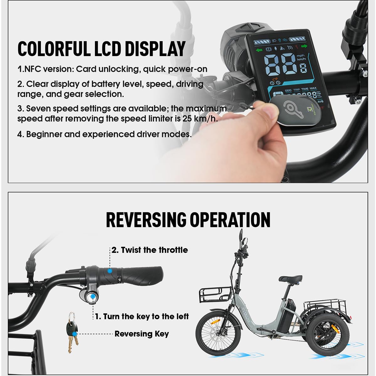 cysum AG1 Pro Triciclo Elettrico Per Adulti, 16 Pollici Pieghevole Bici Elettrica a tre ruote Per Uomo Donna, 48V 20 Ah Rimovibile Batteria, Coppia Di 80 Nm, Differenziale Di Velocità