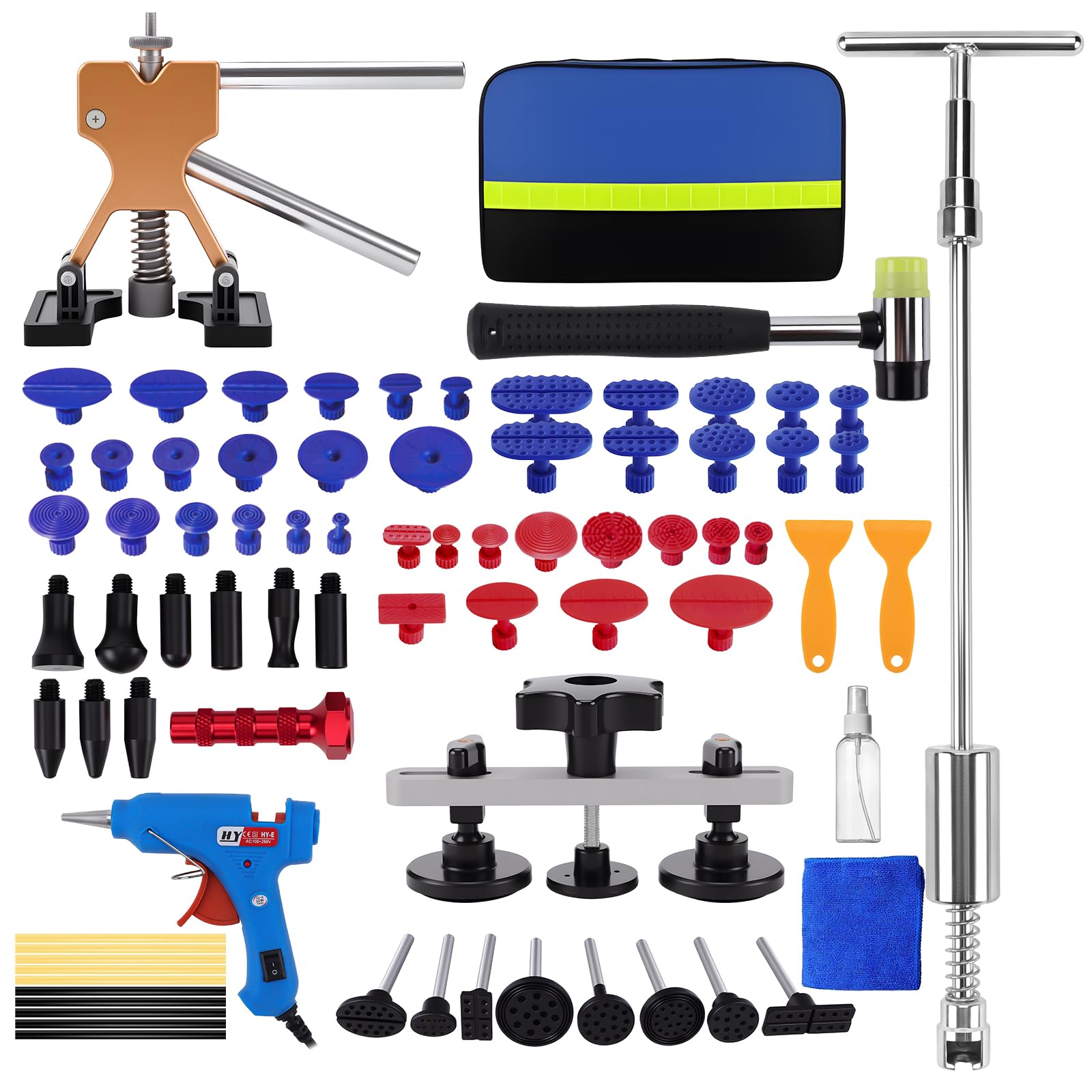 KAOLALI Kit de Extractor de Abolladuras de Coche, 78Pcs Kit de reparación de abolladuras, con Extractor de Abolladuras Dorado de Puente y Pistola de Pegamento para Reparación de Abolladuras de Coche