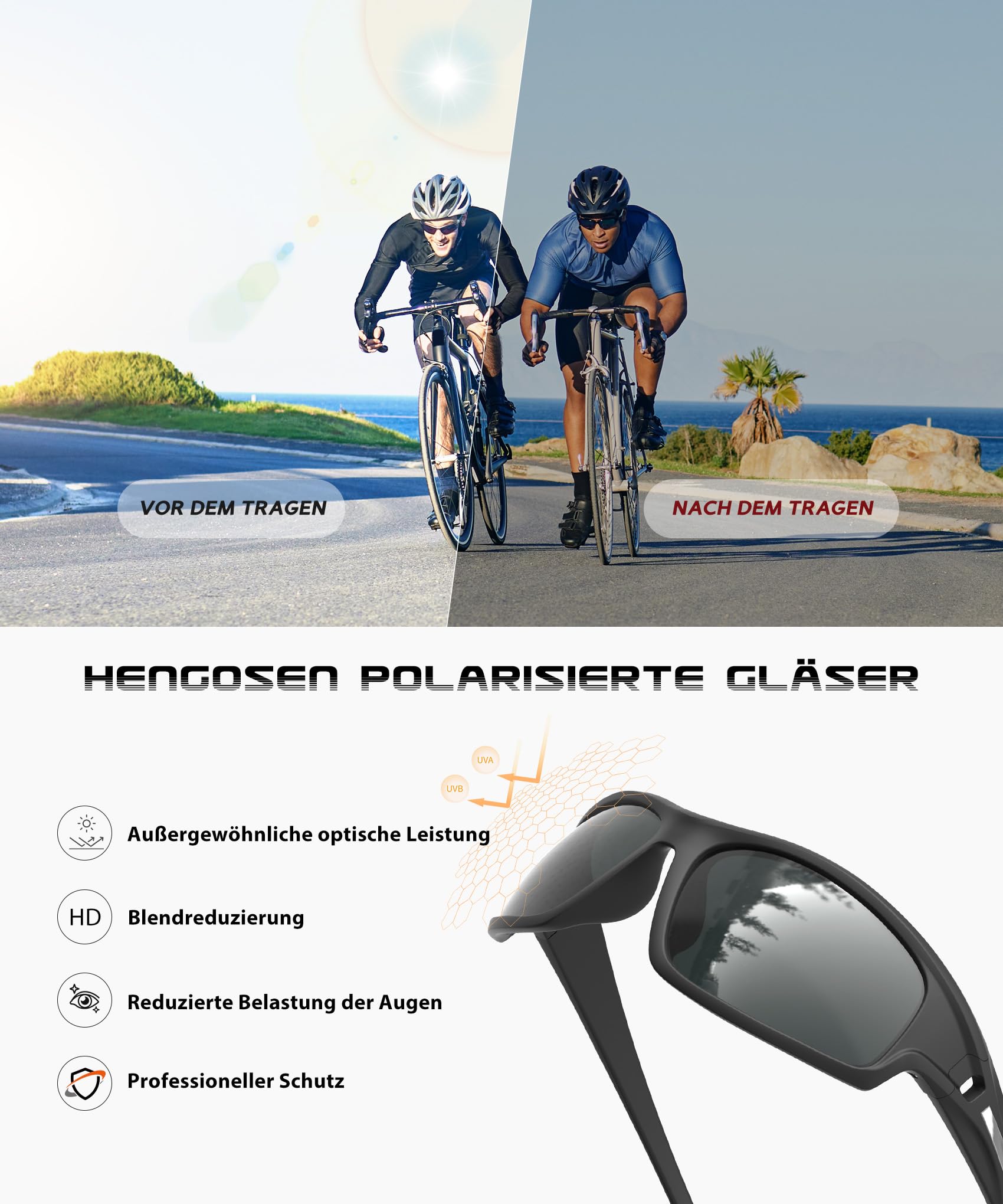 HENGOSEN Occhiali da sole sportivi uomo donna occhiali da sole polarizzati occhiali sportivi uomo: Sunglasses UV400 protezione pesca corsa