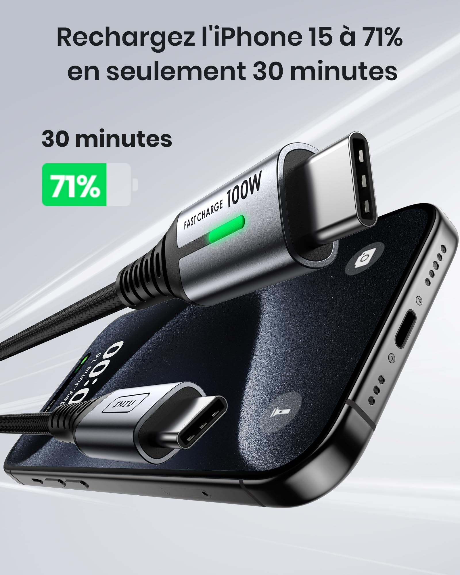 INIU Batterie Externe, 140W Power Bank 27000mAh, Batterie Portable USB C Input & Out & Cable USB C, [2m+2m] 100W 5A PD QC4 Câble USB c vers USB c Charge Rapide, Chargeur Type C de Données en Nylon