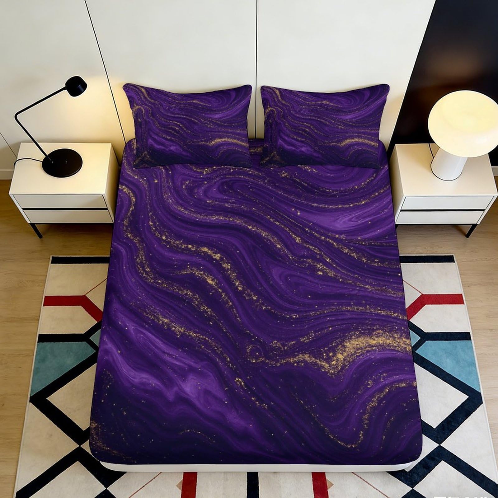 3D Printed Purple Marble Fitted Sheet Microfiber Soft Bedroom Decor Gold Swirl Mattress Cover Dustproof Easy Care 90x200x25cm