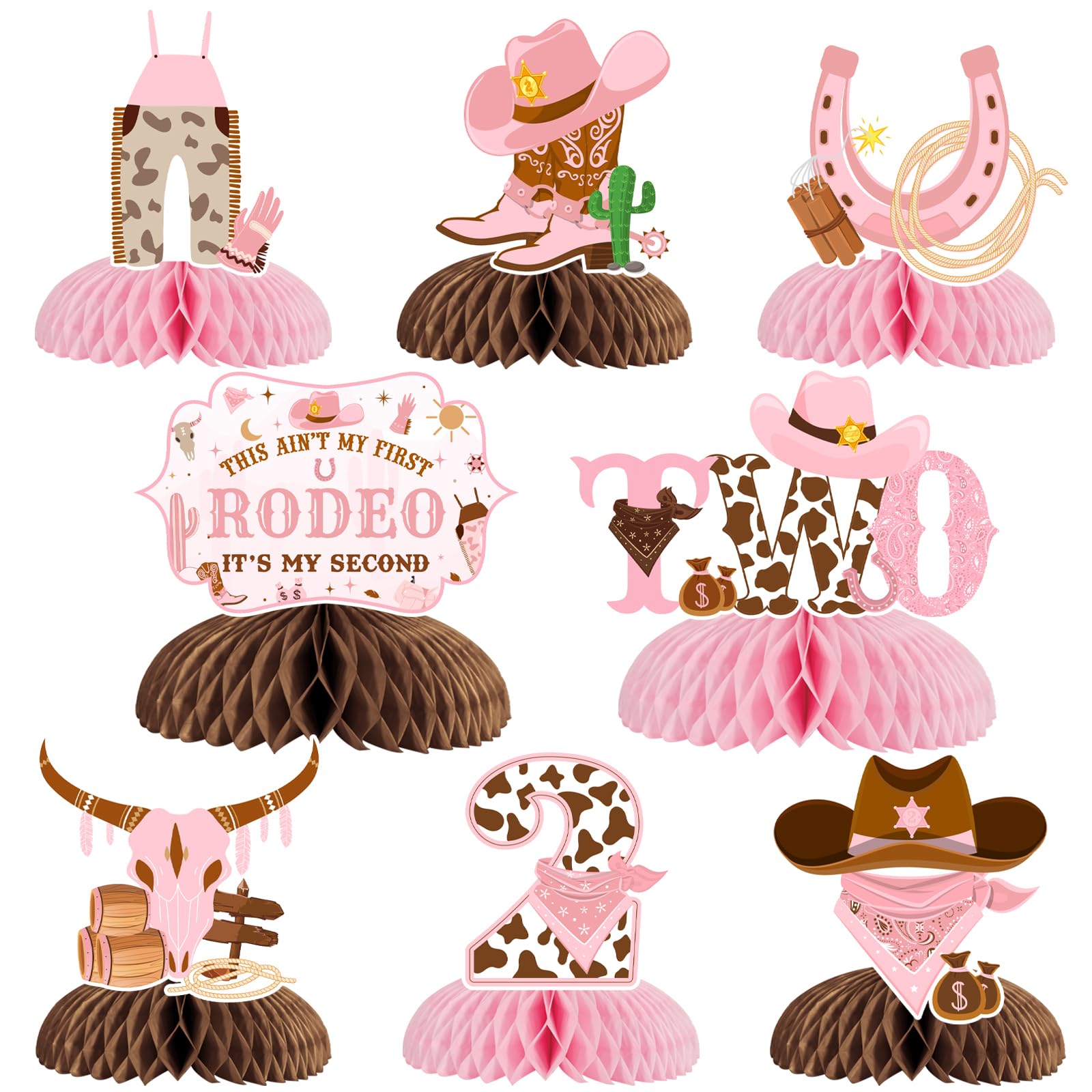 kreat4joy 8pcs Cowgirl 2nd Birthday Decorations, 2nd Birthday Decorations for Girl Honeycomb Centerpieces, This Ain't My First Rodeo It's My 2nd Birthday Decorations Honeycomb Centerpieces
