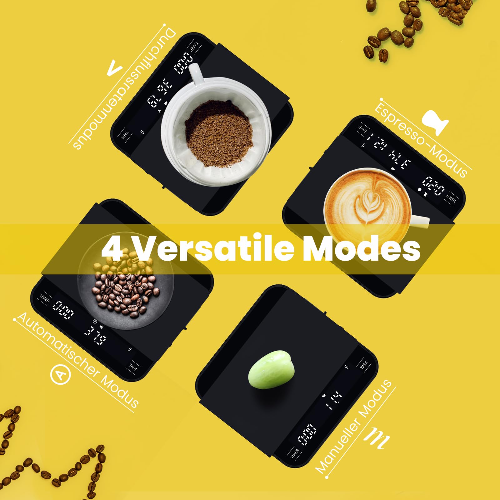 Báscula de café con temporizador, báscula digital de café con 4 modos para barista, recargable por USB, mini escala de café multifuncional con indicador LED y tara, 0,1 g de alta precisión,