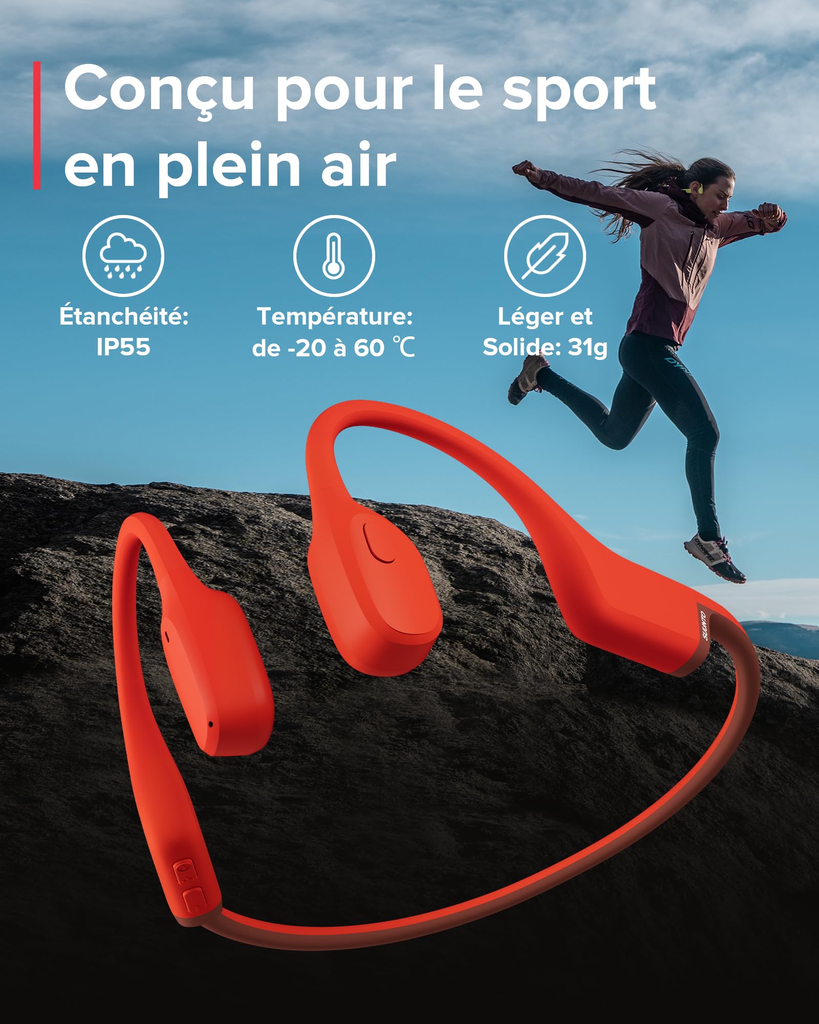 SUUNTO Sonic Casque à Conduction Osseuse sans Fil, Écouteurs Sport Confort à Oreilles Libres, Bluetooth 5.2, Qualité Sonore Supérieure, IP55 Étanche, 10H d'Autonomie, Idéal pour Running Course Vélo