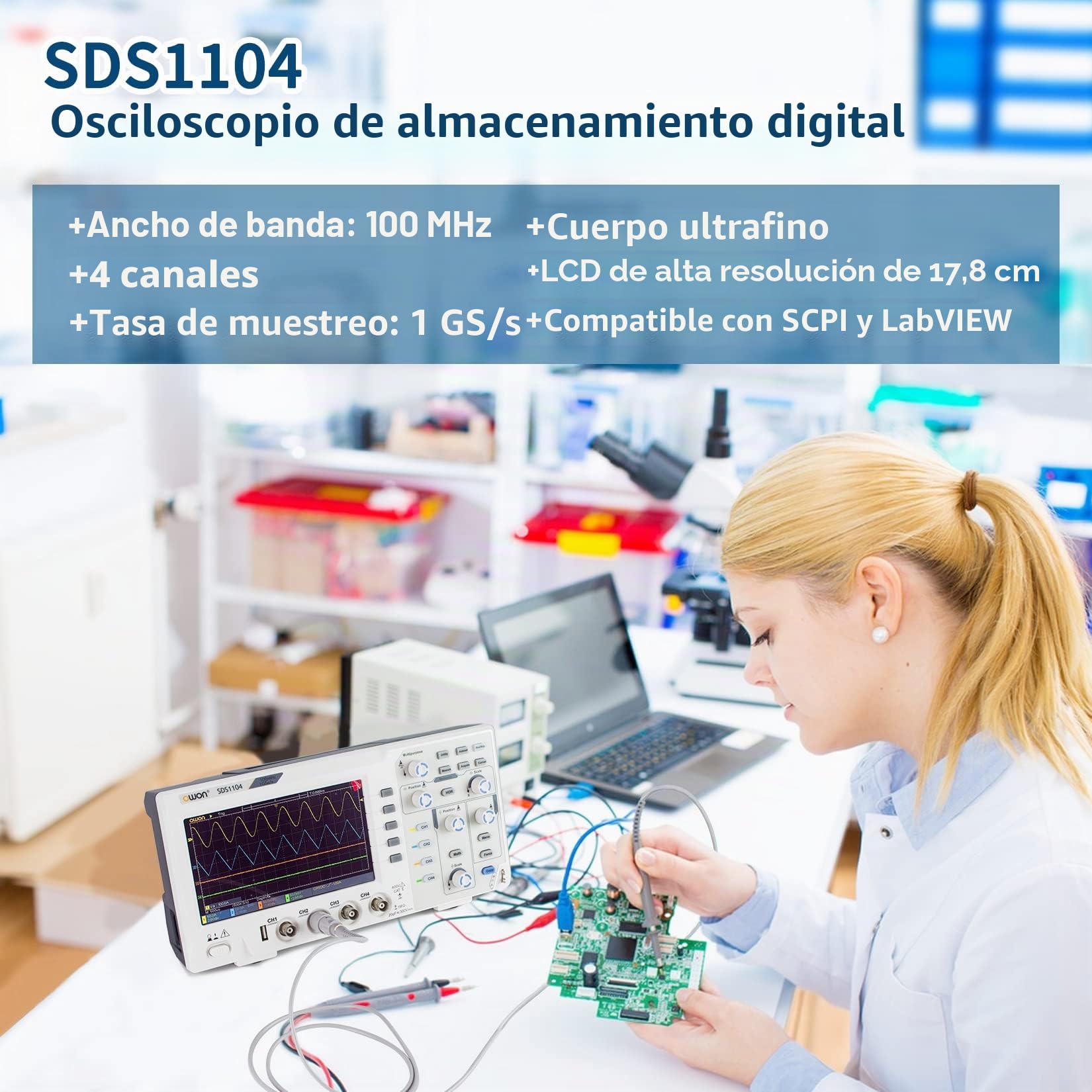OWON Osciloscopio digital SDS1104 de 100 MHz, decodificador estándar de 1GS/s de 4 canales, osciloscopio de almacenamiento digital LCD de 7 pulgadas compatible con SCPI, y LabVIEW