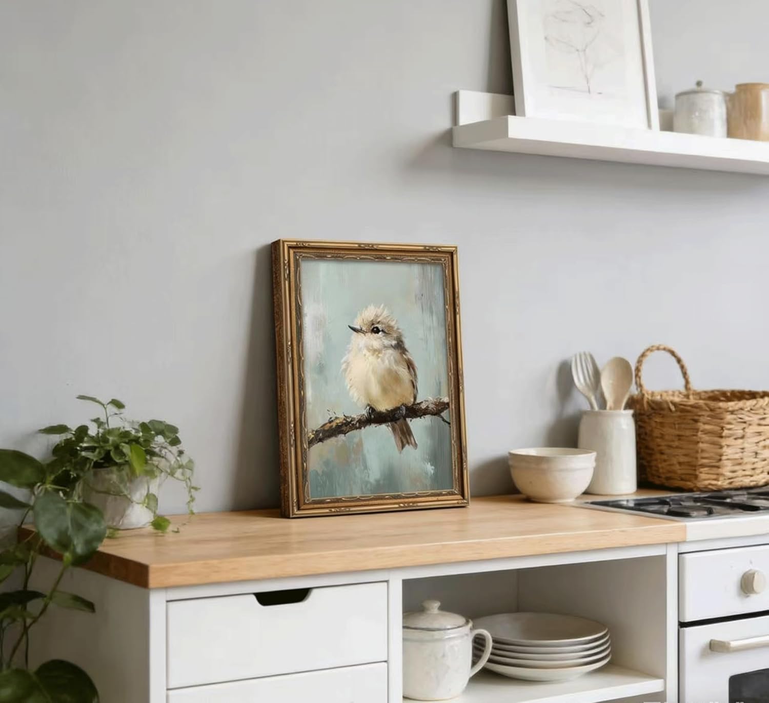 Vintage Gold Framed Funny Bird Wall Art Beige Sparrow on Branch Painting Canvas Rustic Farmhouse Picture Wall Decor Unique Animal Print Artwork For Kid's Room Bedroom Living Room