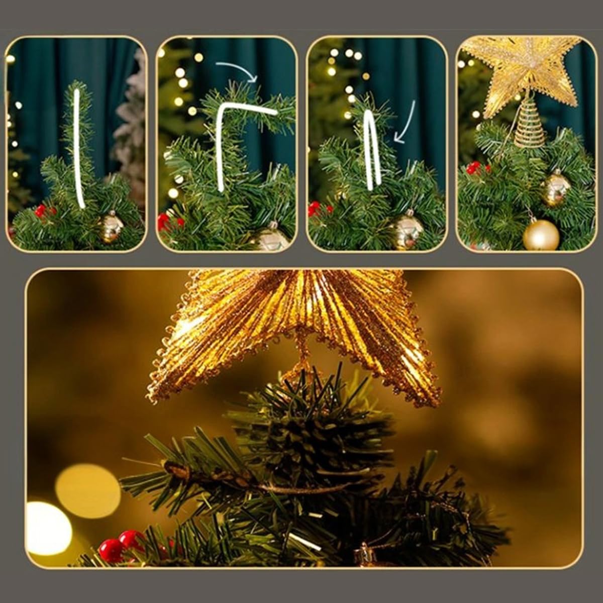 Décoration de Sommet d'arbre, Étoile de Sapin de Noël Cimier d'arbre Pré-Éclairé en Rotin Naturel avec Étoile pour La Décoration de La Maison de Vacances de Noël, du Nouvel an,B