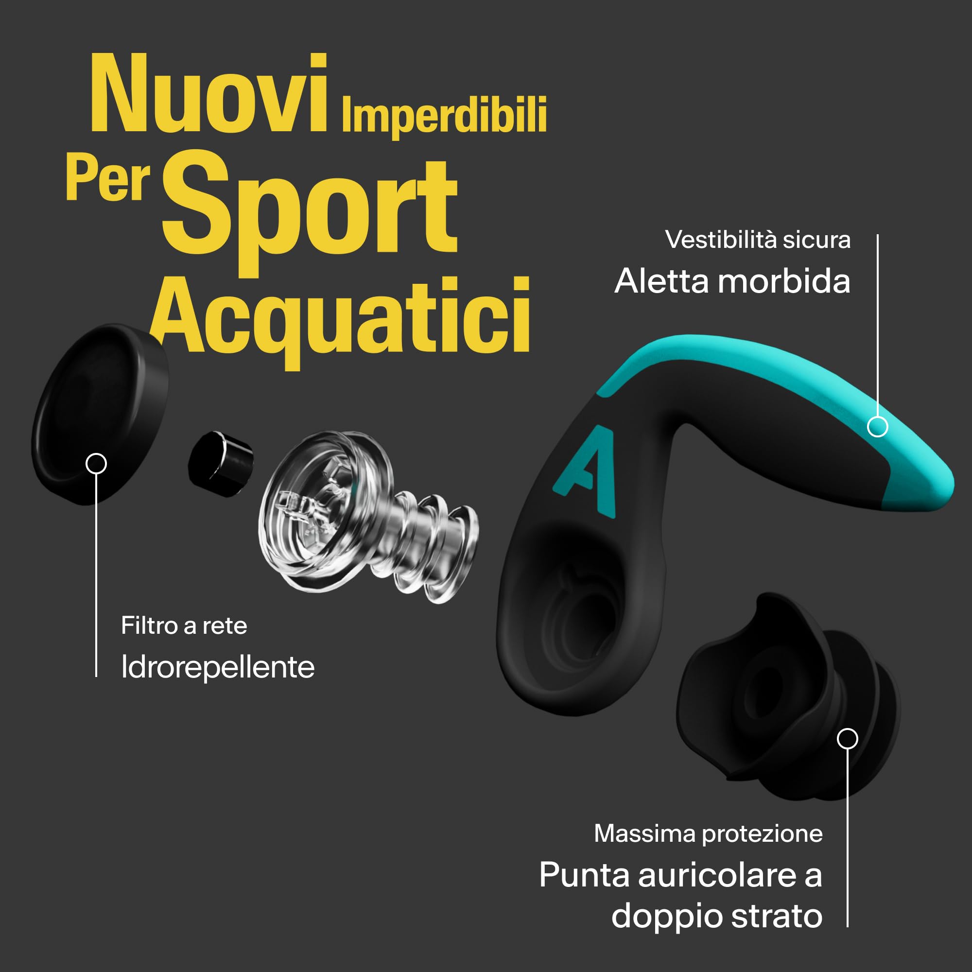 Alpine WaterSafe Pro - Inserti auricolari per adulti per surf e nuoto - Impermeabili - Comodi - Restano in posizione - Per sport acquatici - Riutilizzabili - Taglie M e L - 1 paio