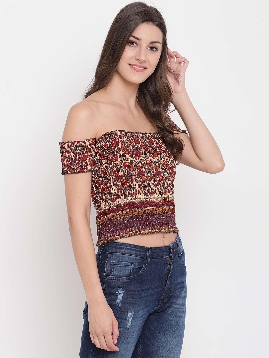 GrabMe Store Women's Rayon Printed Off-Shoulder Smocked Crop Top Short Sleeve Casual Styles Tank Top (Free Size) Multi3