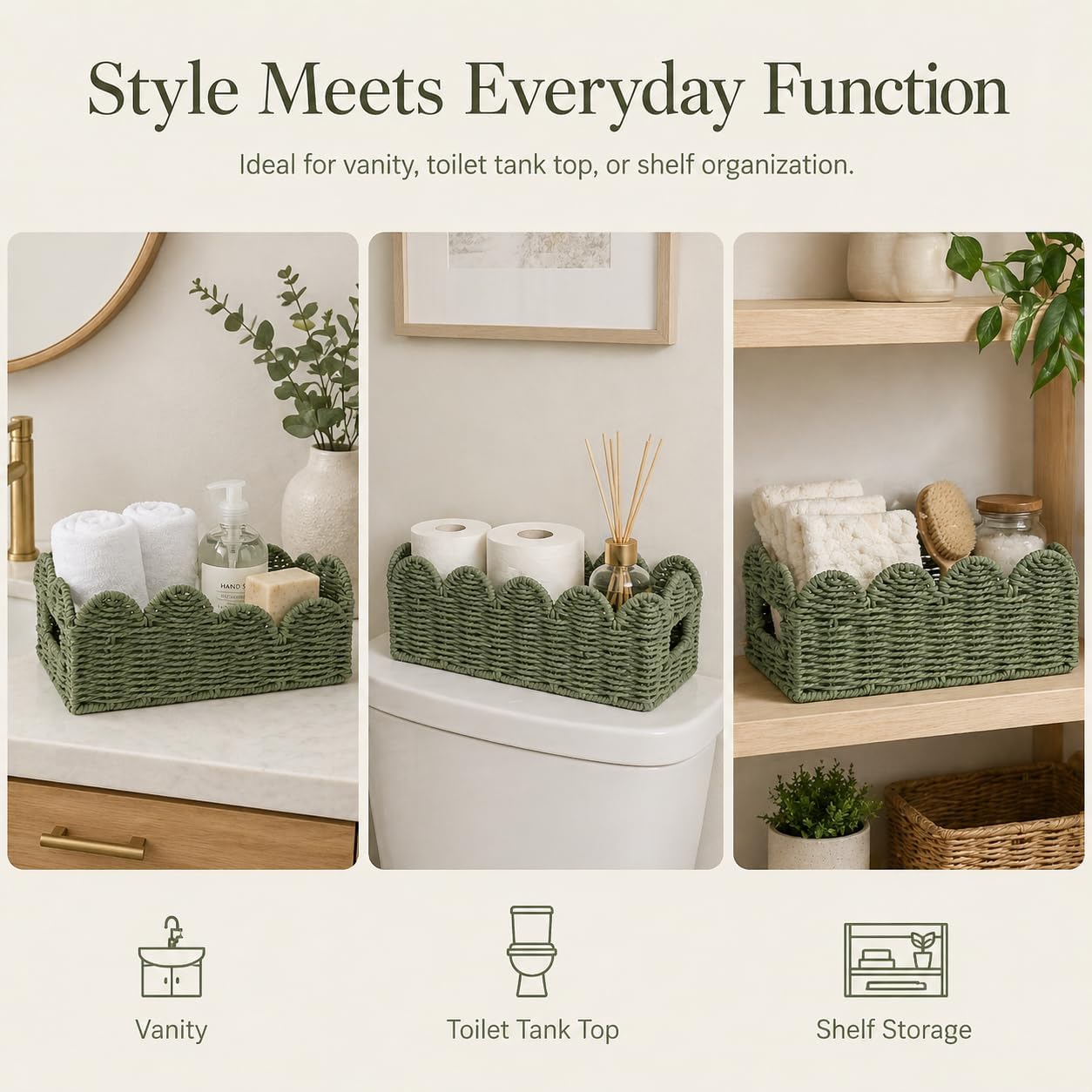 Scalloped Green Toilet Tank Basket for Back of Toilet, Wicker Bathroom Tray for Toilet Paper Storage, Bathroom Organizer for Tank Top, Countertop & Small Spaces