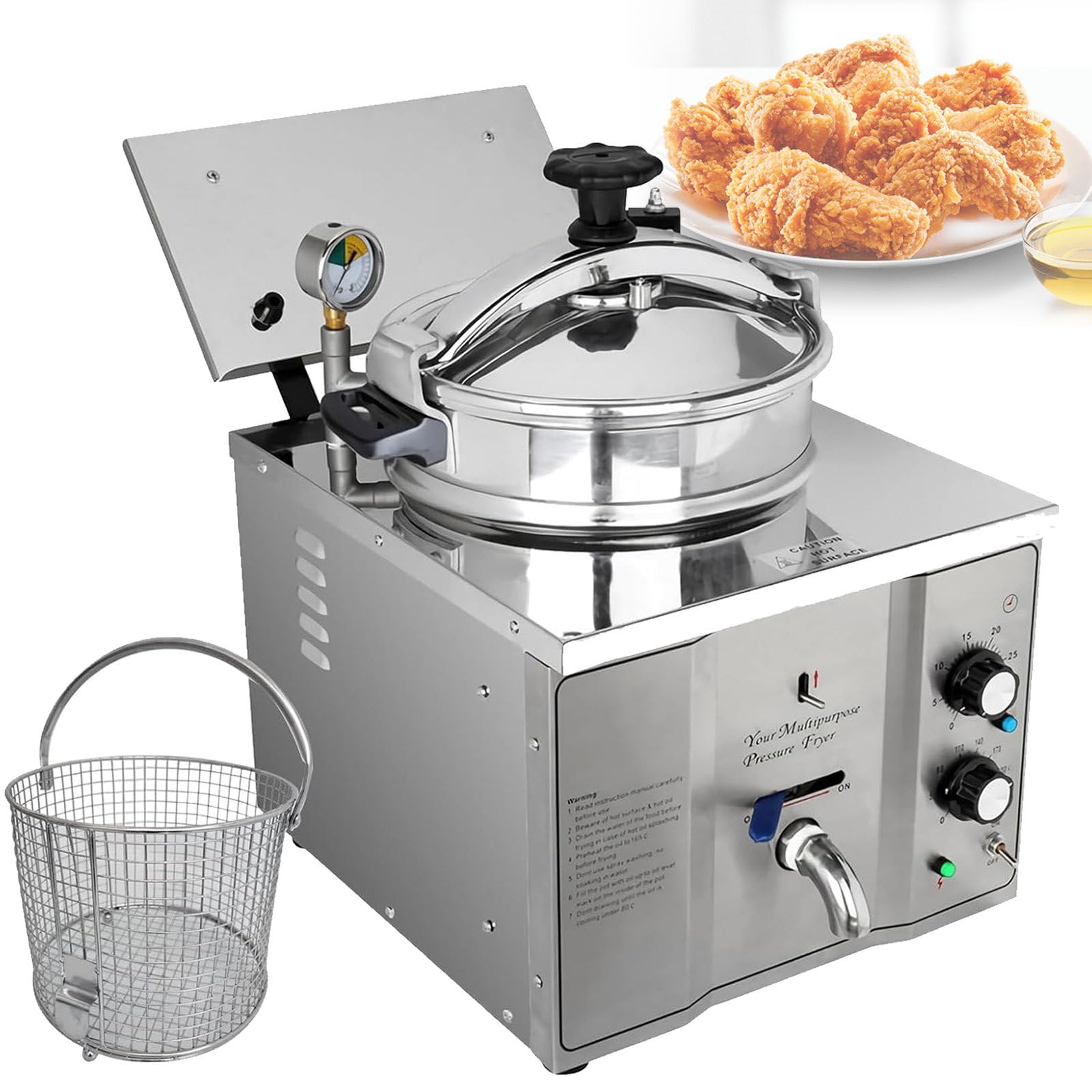 Freidora EléCtrica De 3000 W, Acero Inoxidable, Freidora De Pollo A PresióN De Alta Resistencia De 200 ℃, Temporizador De 0-30 Minutos