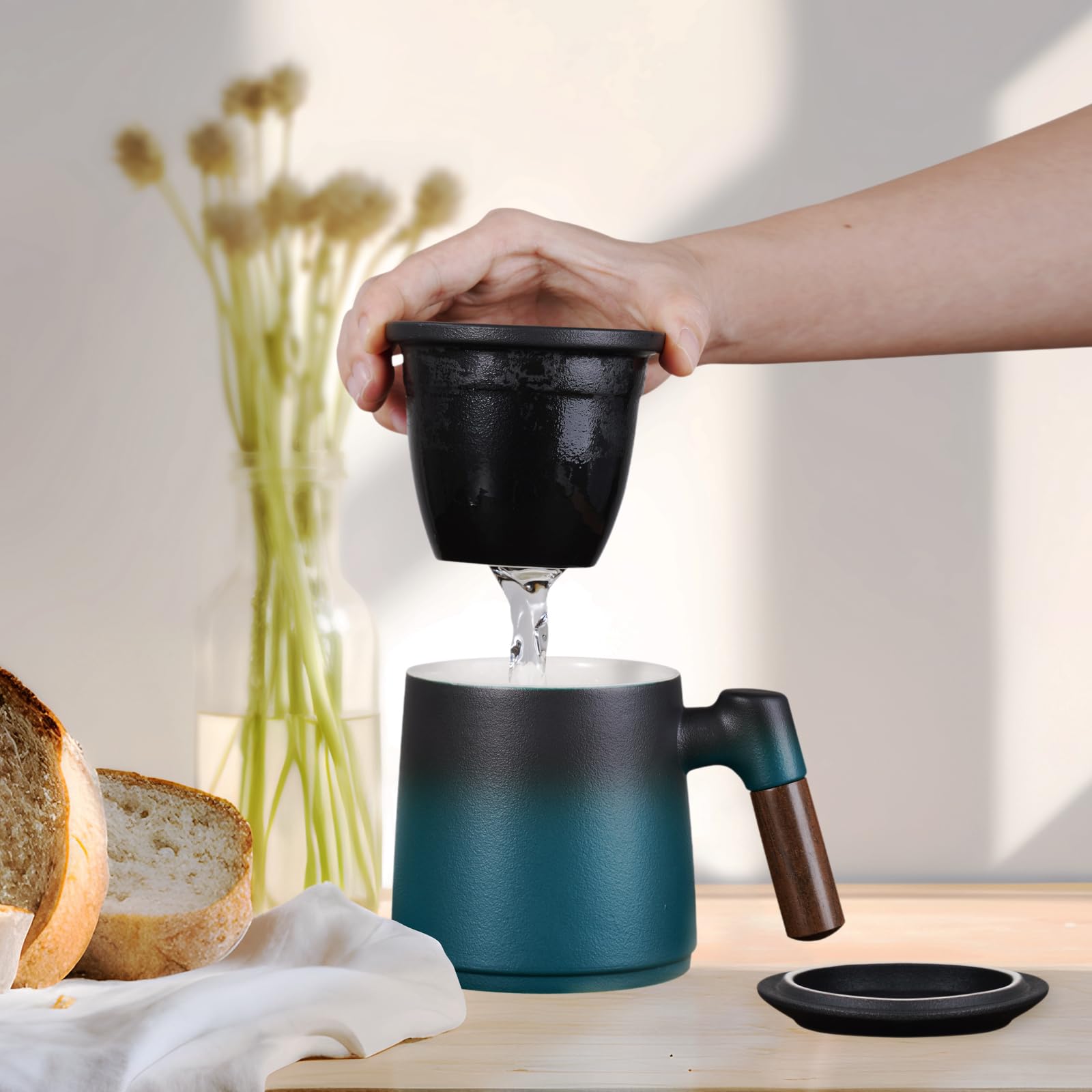 Ohtomber Filiżanka do herbaty z zaparzaczem i pokrywką do herbaty liściastej, 350 ml ceramiczna filiżanka do herbaty z sitkiem do herbaty o drobnych oczkach, drewniany uchwyt, luźny kubek do herbaty,