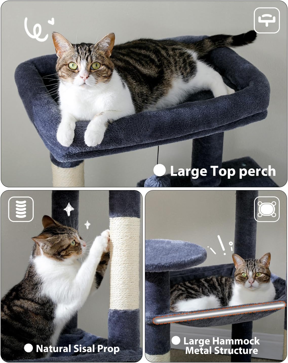 MUTTROS Cat Tree for Large Cats with Metal Plush Big Hammock, 56.3" Cat Tower for Indoor Cats with 2 Door Condo House, 6-Tier Cat Shelves with Scratching Posts and Large Top Perch, Dark Gray