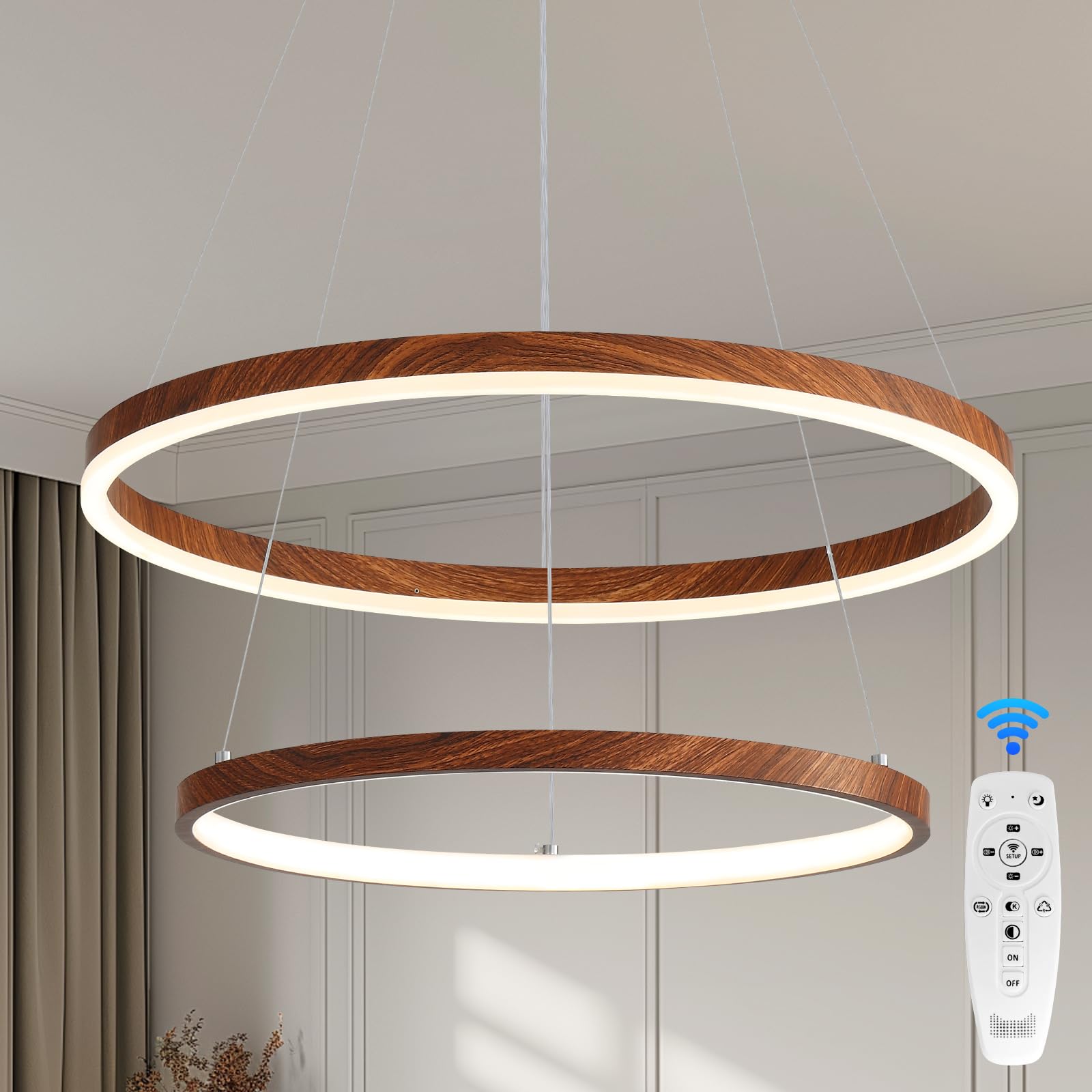 LED Chandelier for Dining Room 2 Ring LED Ceiling Hanging Light Adjustable Dimmable with Remote Farmhouse Circular Wood Painted Round Pendant Light for Entryway, Bedroom, Office