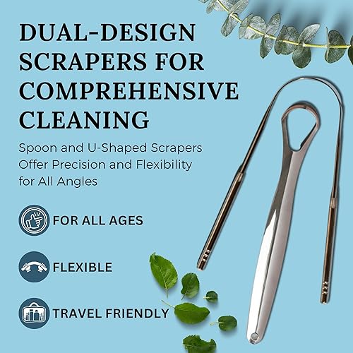 Miniatura 5 de Paquete variado de raspador de lengua, cuchara de acero inoxidable 100% de grado médico y raspadores de lengua en forma de U para adultos y niños,