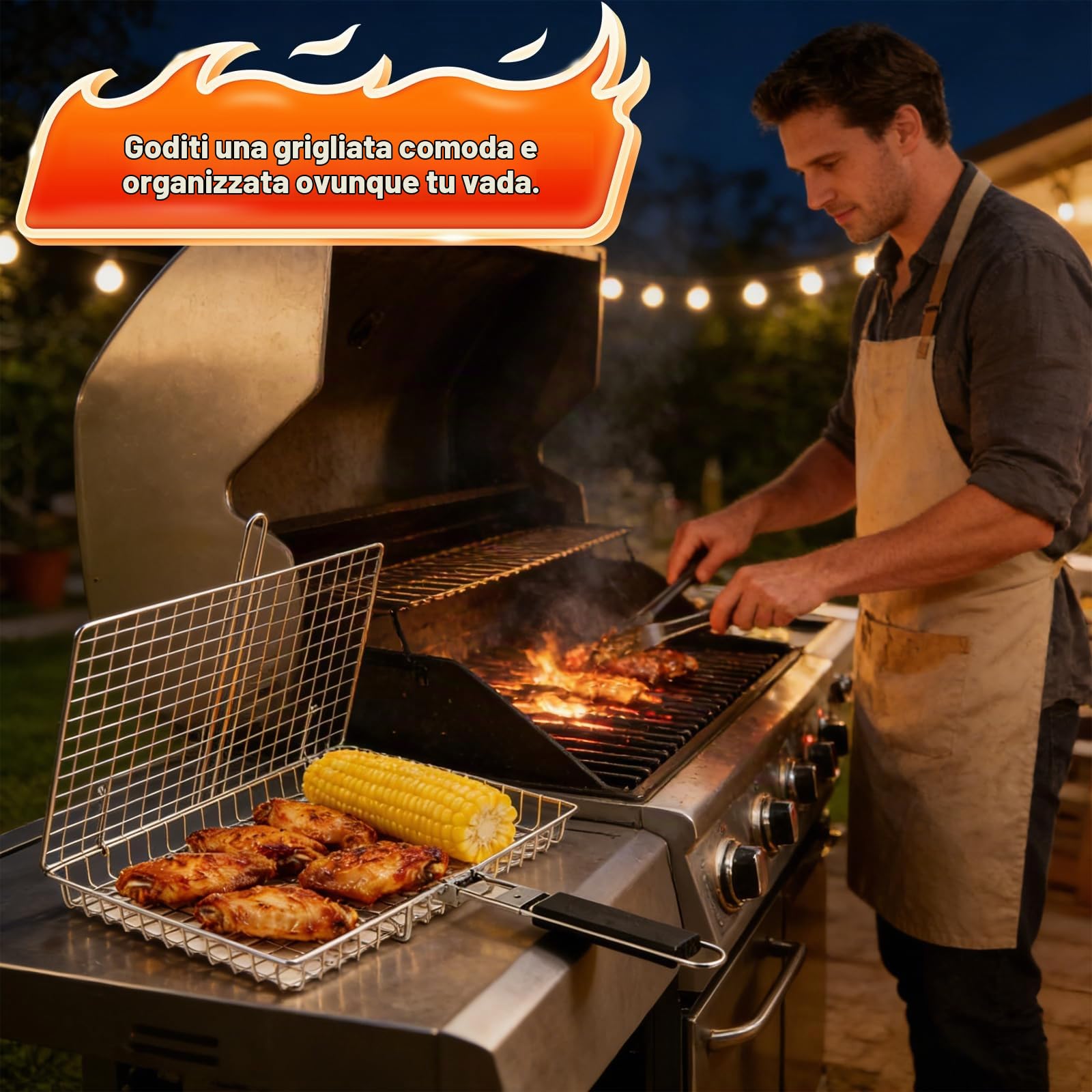 Cestino per barbecue per pesce, grande cestino pieghevole in acciaio inox con manico rimovibile, griglia per pesce, verdure, carne