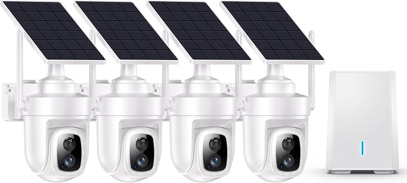 4K Solar Security Cameras Wireless Outdoor with Local Storage Base | No Subscription or Monthly Fees,360° Pan&Tilt with Automatic Tracking,5G&2.4G Router Compatible,4 Cam Kit for Home Security