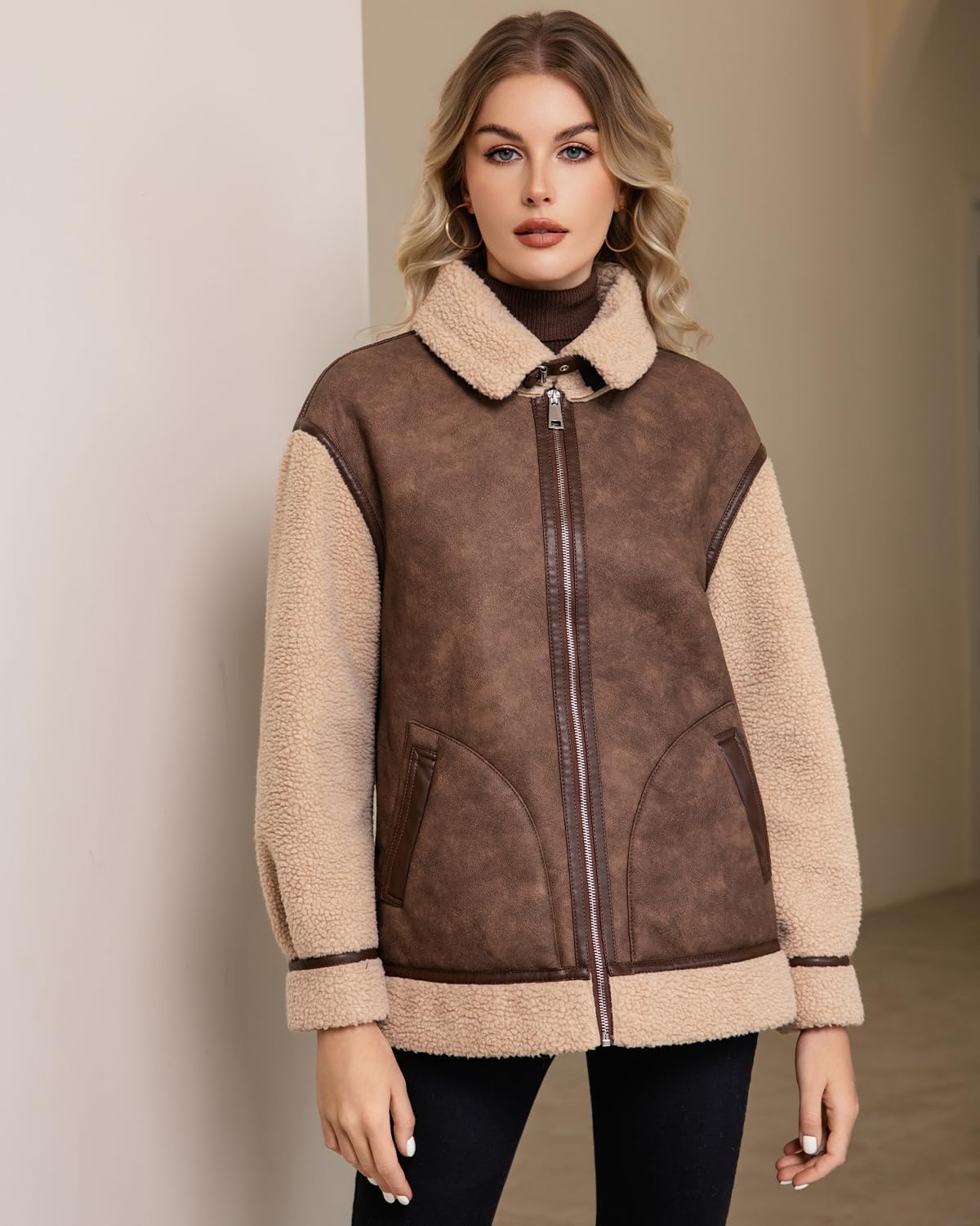 Women Faux Shearing Jacket Patchwork Fur Lined Leather Coat Moto Biker Outwear - Image 5