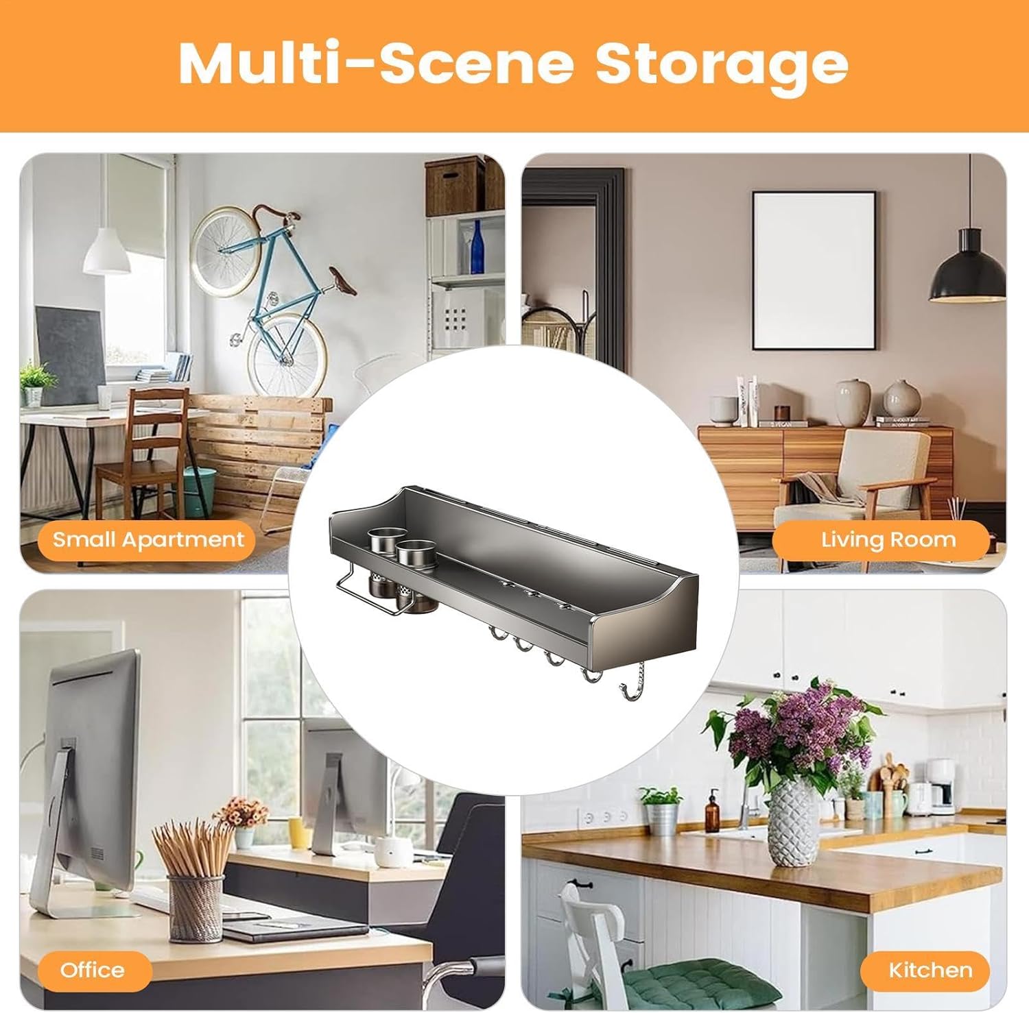 Space Saving Holder - 40cm No Drill Adhesive Rack, Strong Sticky Organizer Shelf, Space Saving Kitchen Storage, Durablee Wall Mount Holder for Family Home Indoor Counter Cabinet Cooking Utensil