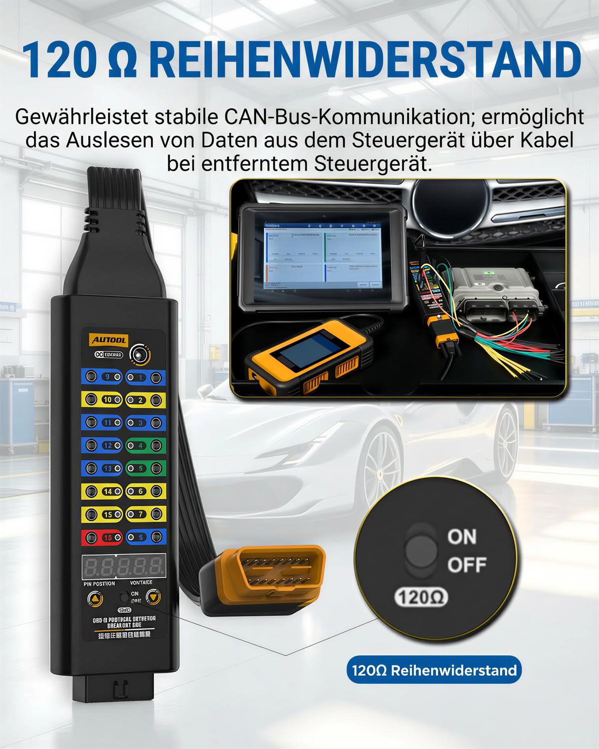 AUTOOL Breakout Box Kfz - OBD-II-Protokoll-Detektor mit Spannungsanzeige, 16-pin CAN, Jumper, kompatibel mit Scanner/Multimeter/Oszilloskop für elektrische Fahrzeugdiagnosetests
