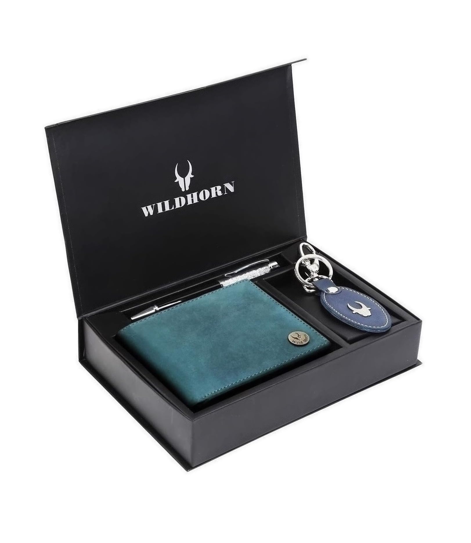 WildHorn Men's Gift Hamper - Leather Wallet, Keychain & Pen Combo Set - For Friend, Boyfriend, Husband, Father, Son (Blue Hunter)