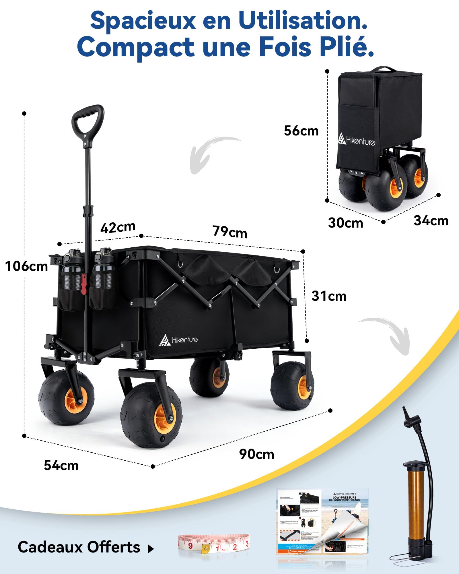 HIKENTURE Chariot de Plage Pliable 135 L, Grosses Roues Ballon 190 mm × 100 mm - Chariot Pliable Tout-Terrain - Charge 150 KG - Chariot de Transport pour Plage, Camping, Courses ou Jardin