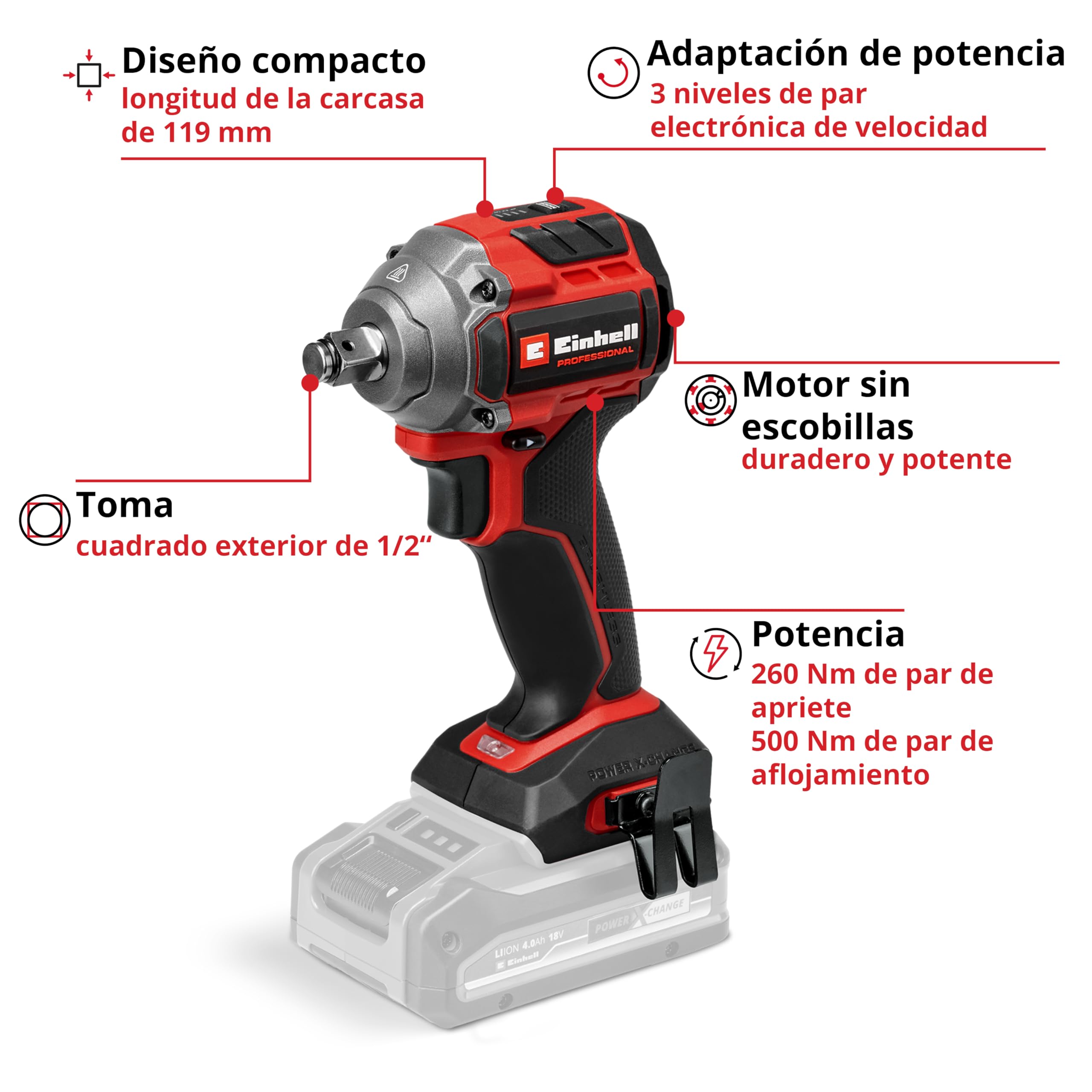 Einhell Professional Atornillador de impacto con batería TP-CW 18/260-C Li BL-Solo PXC (18 V, par 260 Nm, modo de parada automática, sin escobillas, sin batería)