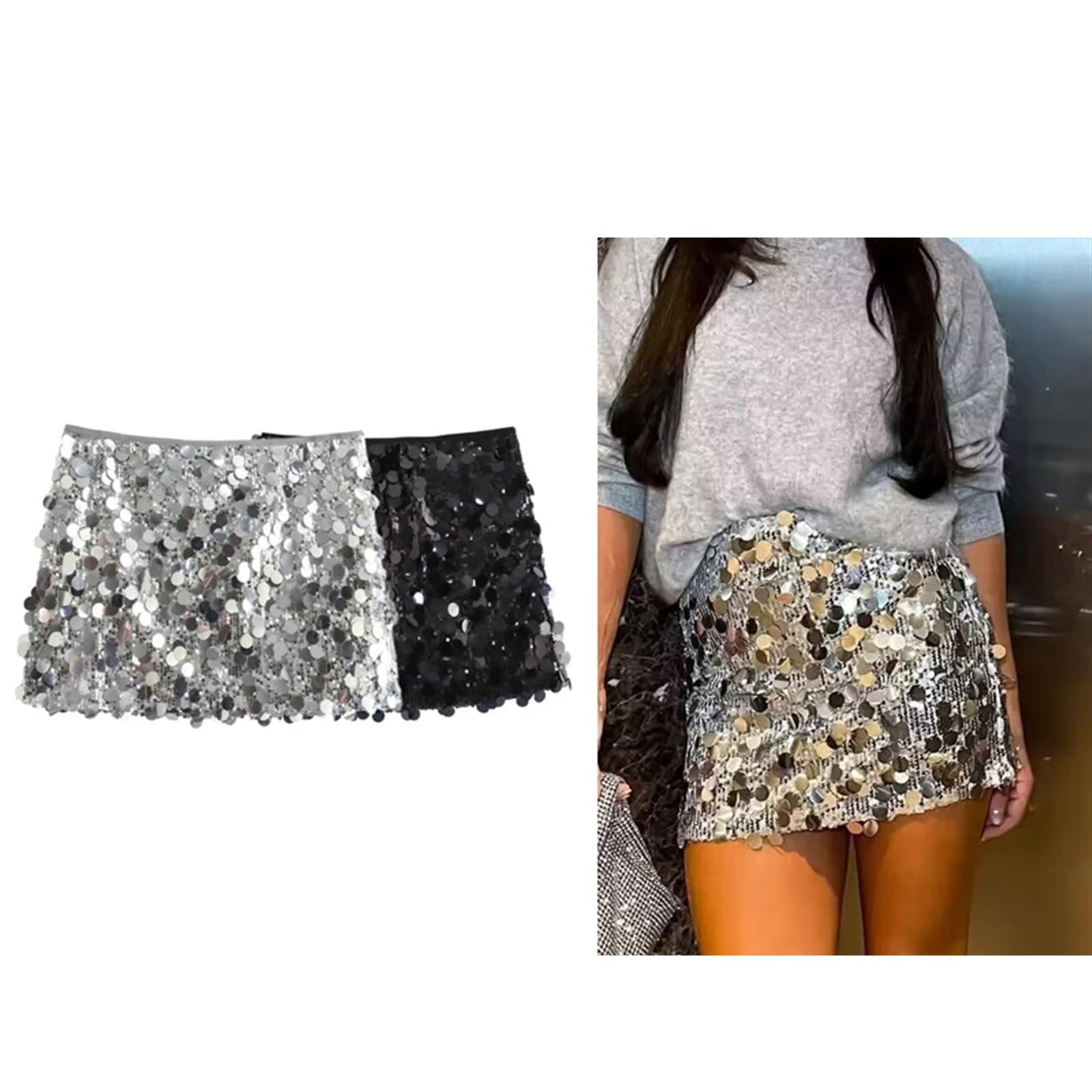Gonna Paillettes Donna Minigonna con Paillettes Gonne a Vita Alta da Donna for Donna Gonna Corta da Donna(Silver,L)