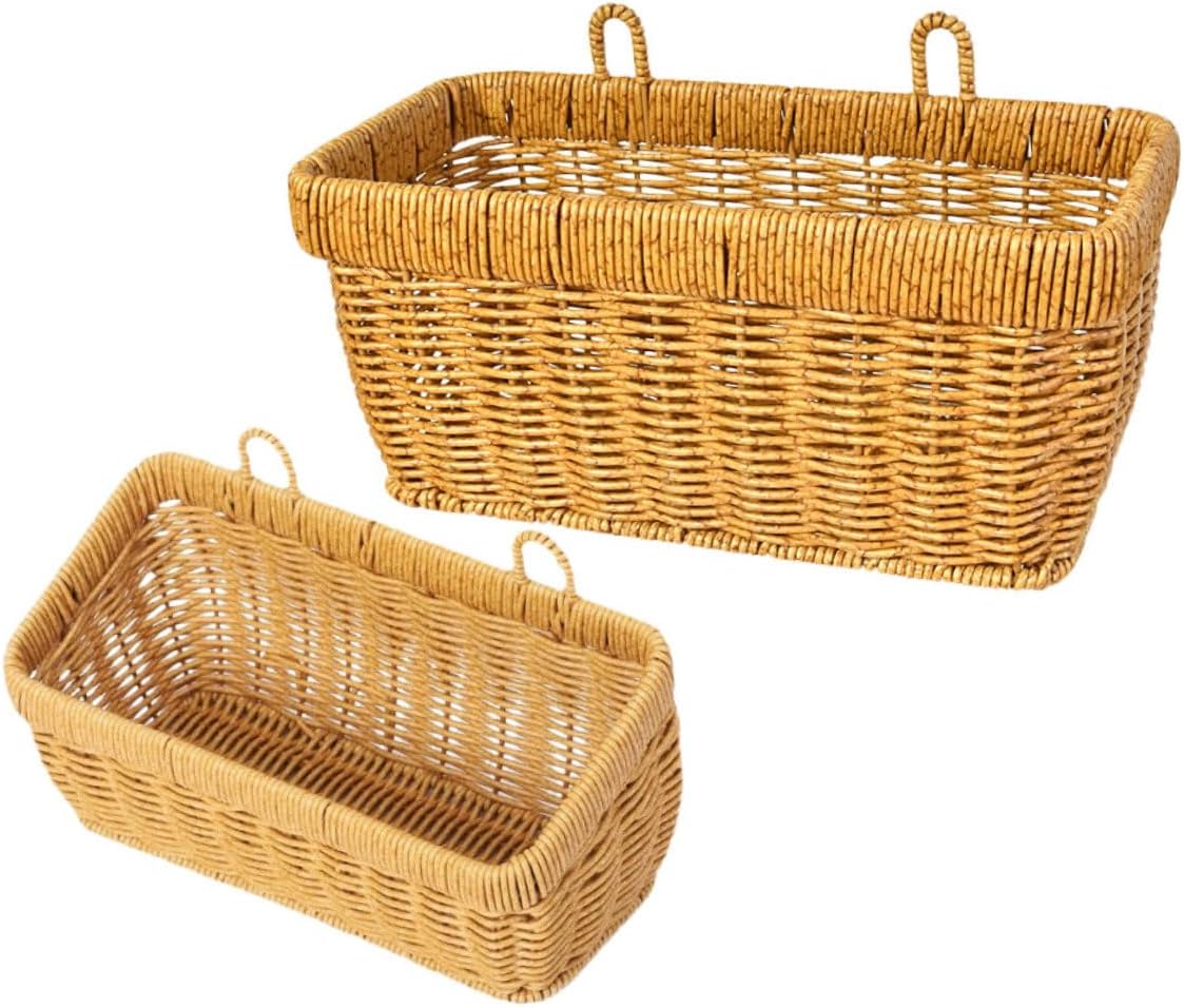Unomor 2pcs Kitchen Hanging Basket Set, Large and Small Hand-woven Plastic Rattan Storage Bins for Ginger, Garlic, Onion, Wall Mounted Fruit and Vegetable Organizer