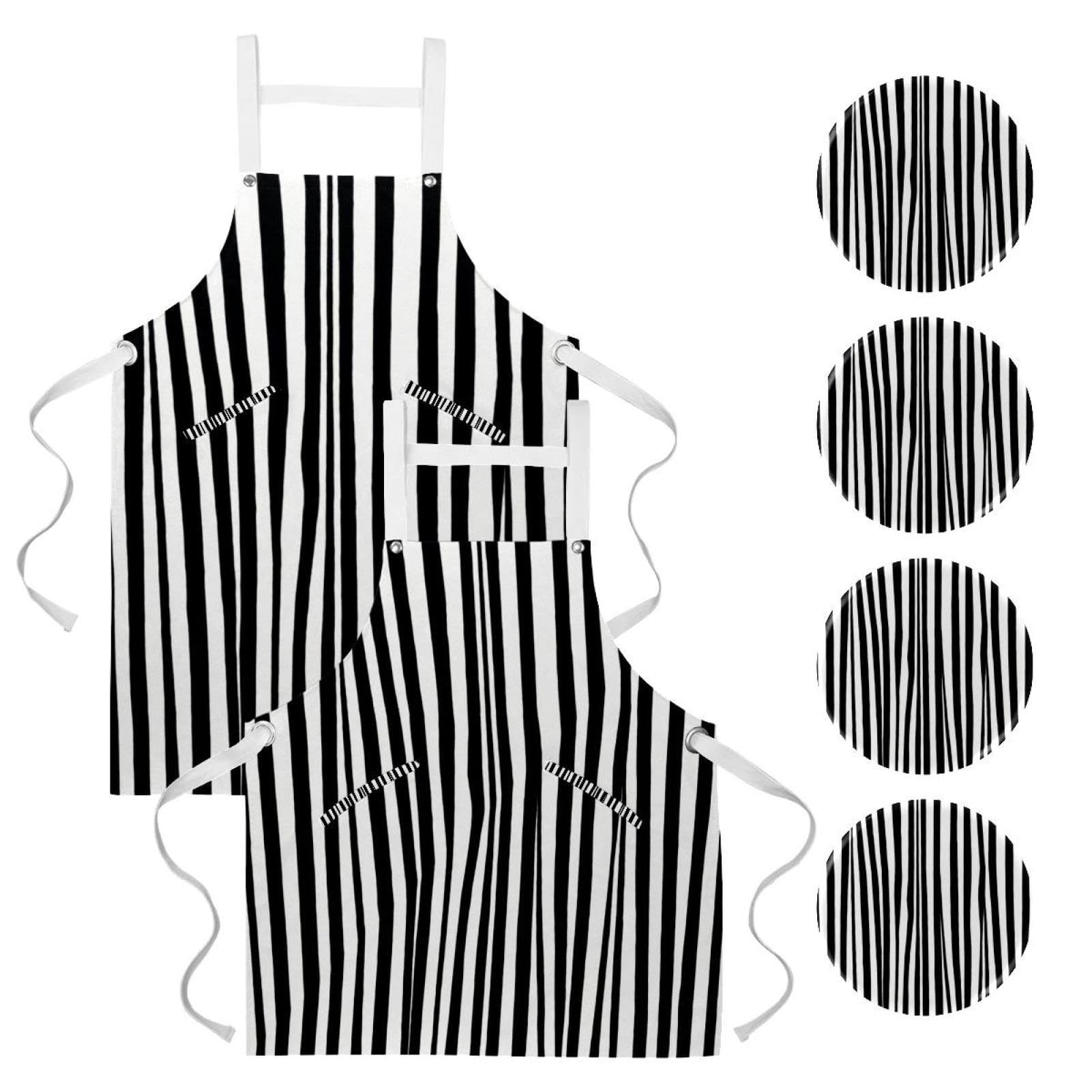 Lot de 2 tabliers de cuisine en lin pour homme et femme - Motif rayures noires et blanches - Tablier de cuisine avec 2 poches réglables, Motif rayures noires et blanches,