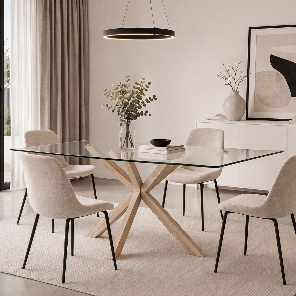 Yellowshop | Tavolo Rettangolare YAML160x90 cm cm – Piano in Vetro Temperato e Struttura in Acciaio Effetto Legno Naturale, Design Moderno per Sala da Pranzo e Soggiorno