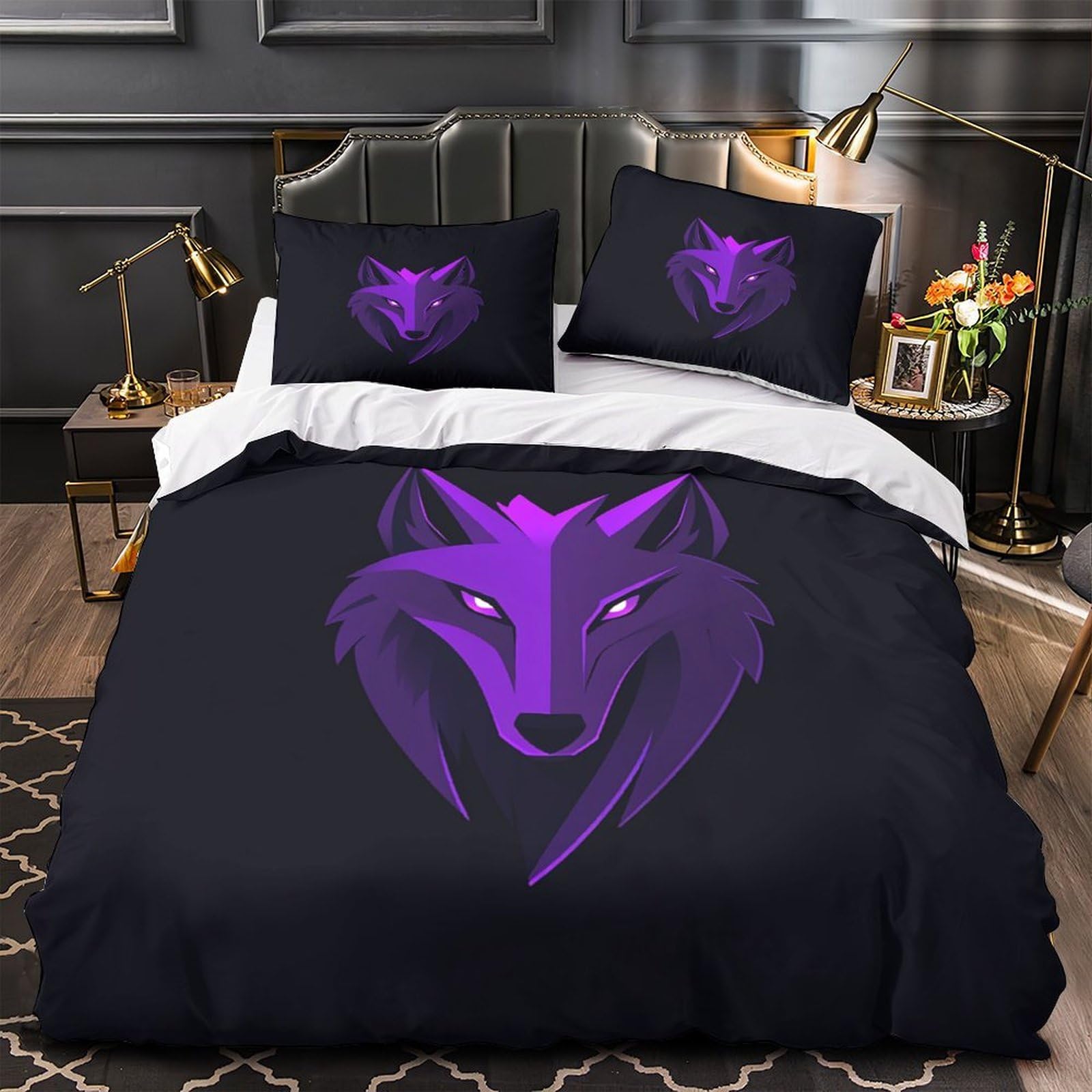 Housse de couette loup violet microfibre inaltérable lit King 3pcs