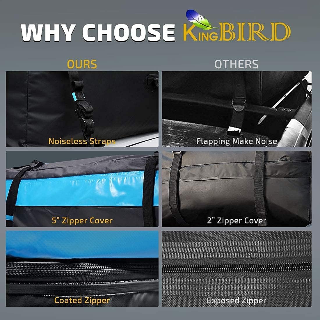KING BIRD Aerodynamic Rooftop Cargo Carrier Bag, 15 Cubic Feet 100% Waterproof Car Top Carrier with Non-Slip Mat + 4 Door Hooks+Luggage Lock Fit All Vehicles with/Without Roof Rack : Automotive
