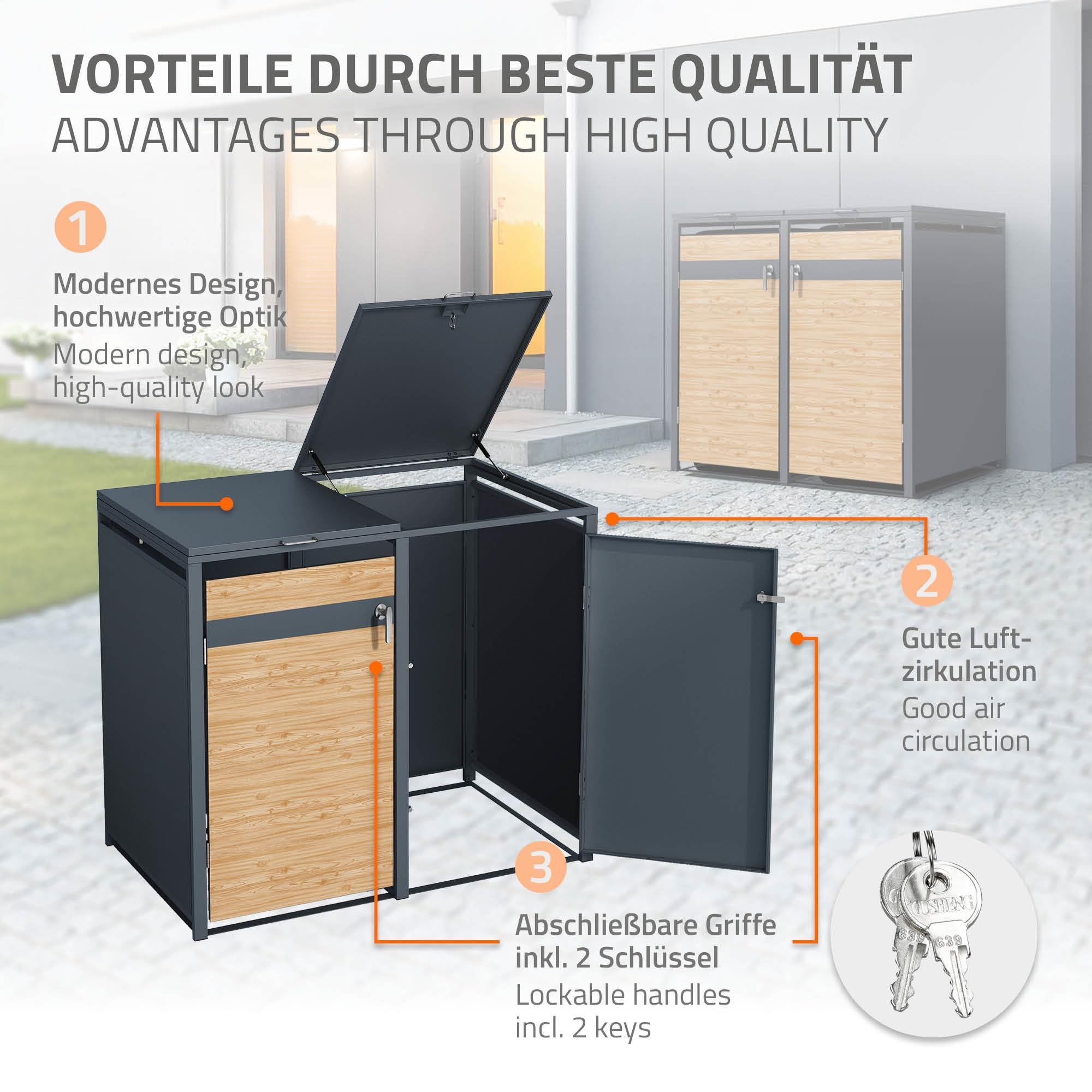 ML-Design Box pour 2 Poubelles, jusqu'à 240L,132x80x116,3 cm, en Acier, Anthracite/Aspect Mélèze, Résistant aux Intempéries, Habillage de Poubelle, Couvercle Rabattable/2 Portes, Conteneur Abri Hangar