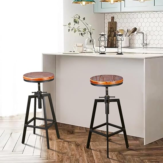 Industrial Bar Stools, Kitchen Dining Chair, Wood Metal Stool, Adjustable Height Swivel Counter Height Chair, Black, Fully Welded Set of 2 (Brown Wooden Top)