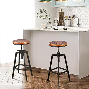 Industrial Bar Stools, Kitchen Dining Chair, Wood Metal Stool, Adjustable Height Swivel Counter Height Chair, Black, Fully Welded Set of 2 (Brown Wooden Top)