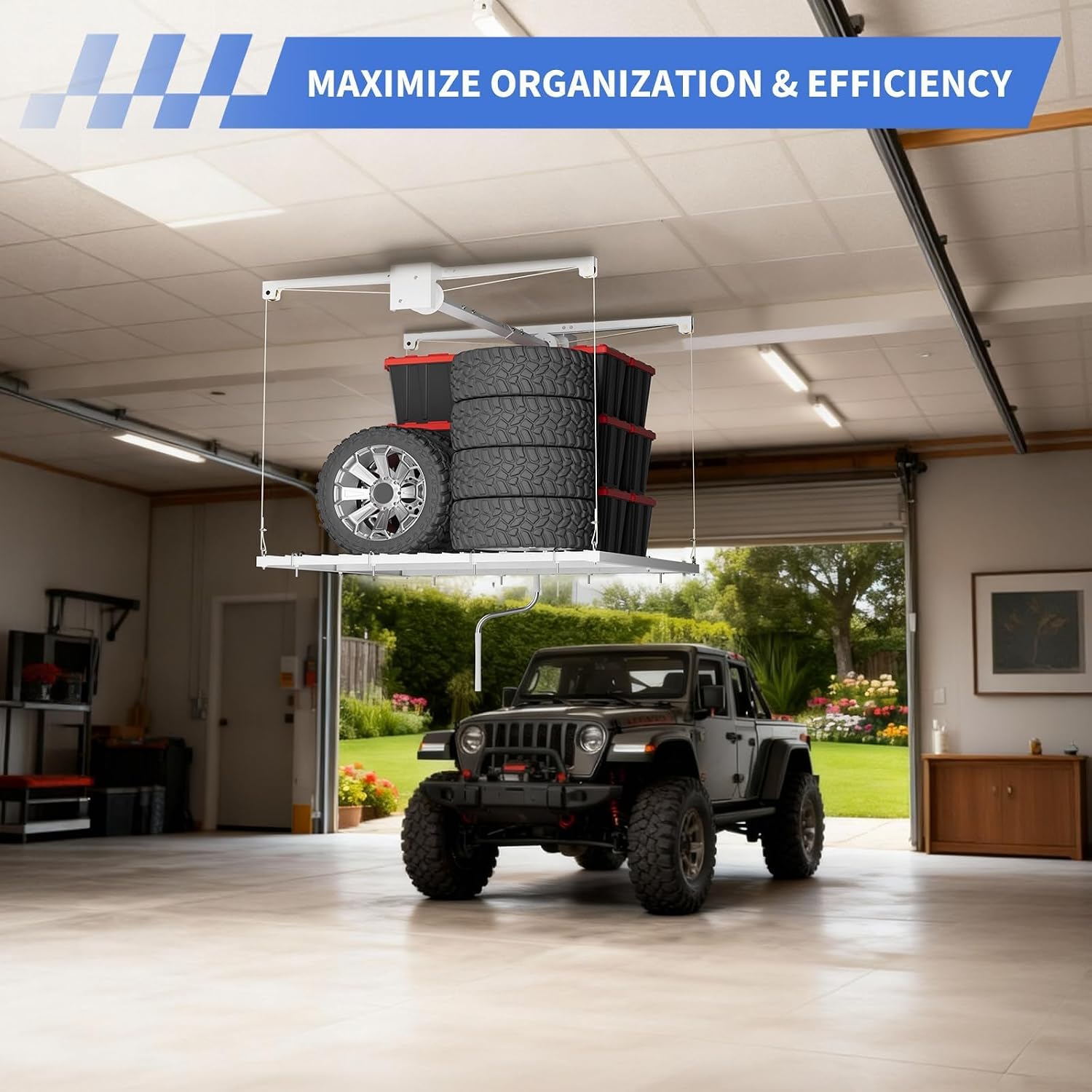 Heavy-Duty Overhead Garage Ceiling Storage Rack – 4x4 ft Adjustable Lift System – 350 lbs Capacity – Smooth Crank – Easy Installation – Space-Saving Metal Organizer for Clutter-Free Garage
